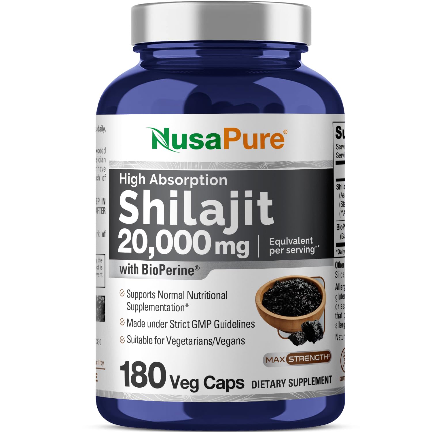 NusaPure Shilajit 20,000mg per Serving, 180 Veggie Caps, Non-GMO, Gluten Free, Bioperine NusaPure Au supplements