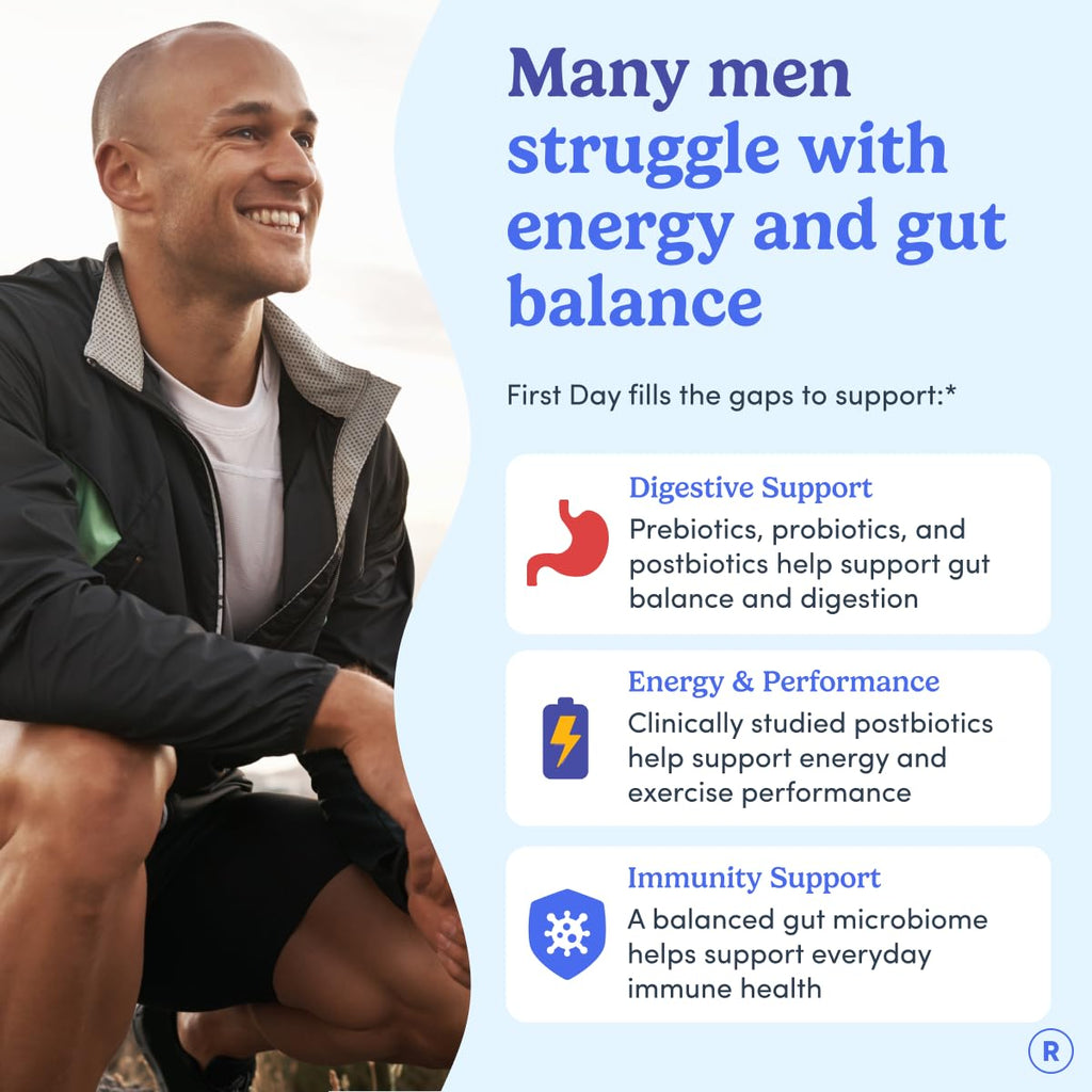 FIRST DAY 3 in 1 Probiotics for Men - Prebiotic, Probiotic & Postbiotic Supplement – Mens Probiotic for Digestive Health, Oral Health, Immune Function, Energy, Gut Health for Men – 30-Day Supply FIRST DAY Au supplements