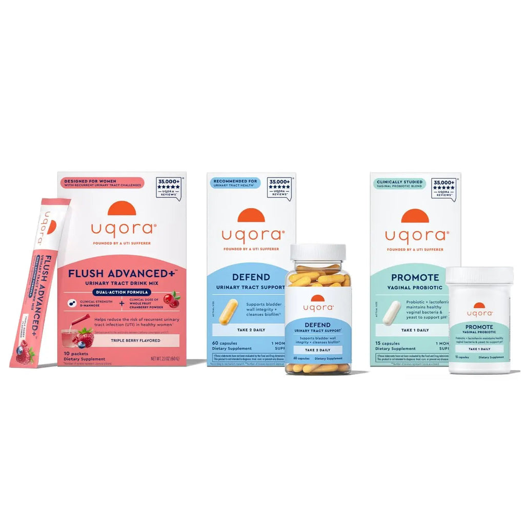 Uqora Flush Advanced+ Regimen with Flush Advanced+ - Cranberry to Reduce Risk of Recurrent UTI** - Defend & Promote - D-Mannose, Vitamin C, Green Tea Extract & Probiotics - 3-Part Bundle Uqora Au supplements