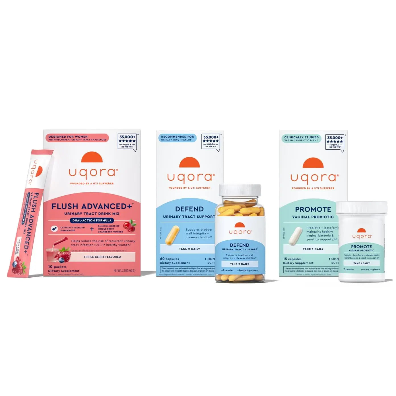 Uqora Flush Advanced+ Regimen with Flush Advanced+ - Cranberry to Reduce Risk of Recurrent UTI** - Defend & Promote - D-Mannose, Vitamin C, Green Tea Extract & Probiotics - 3-Part Bundle Uqora Au supplements