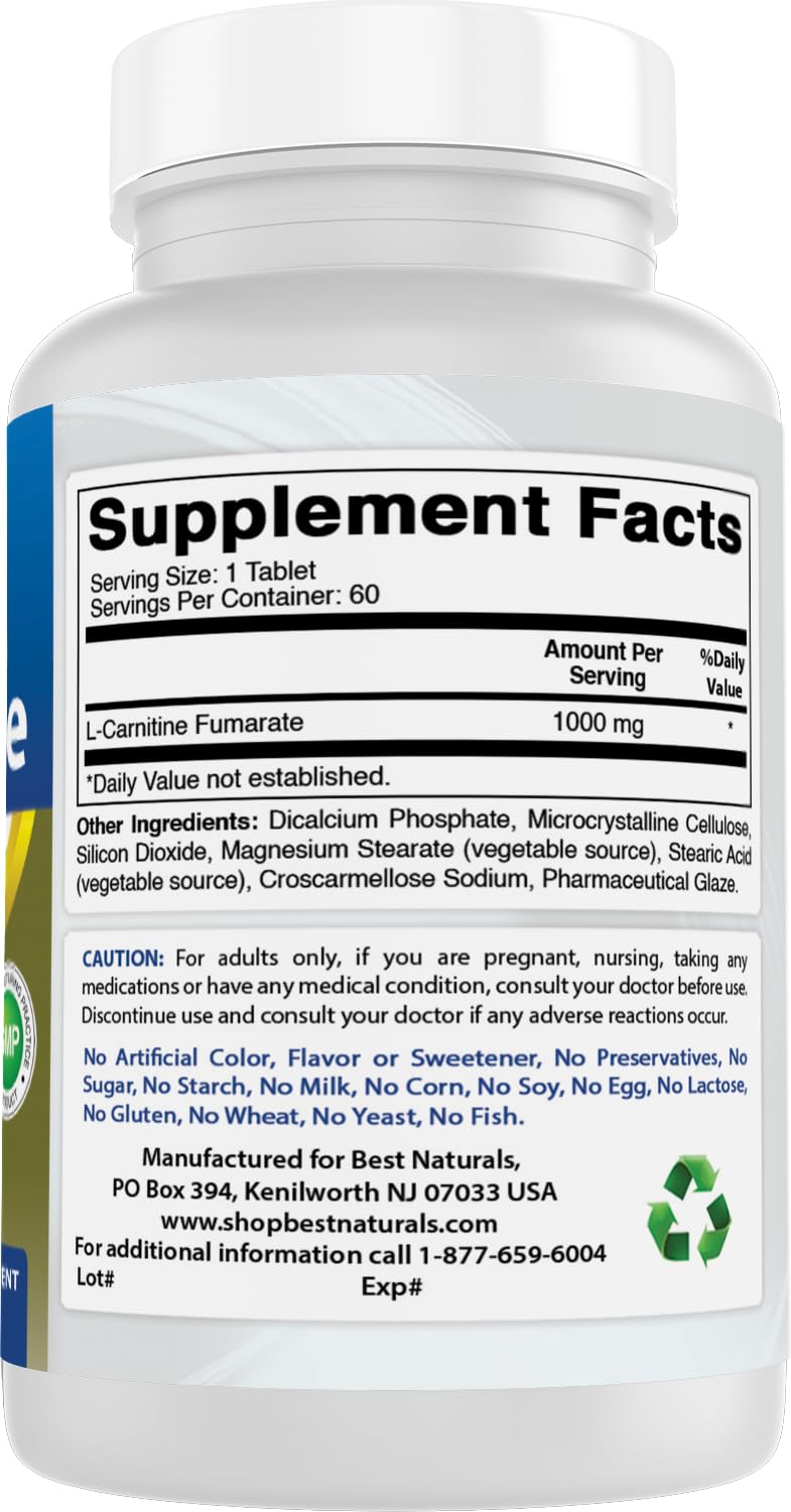 Best Naturals L-Carnitine 1000mg 60 Tablets (60 Count (Pack of 1))
