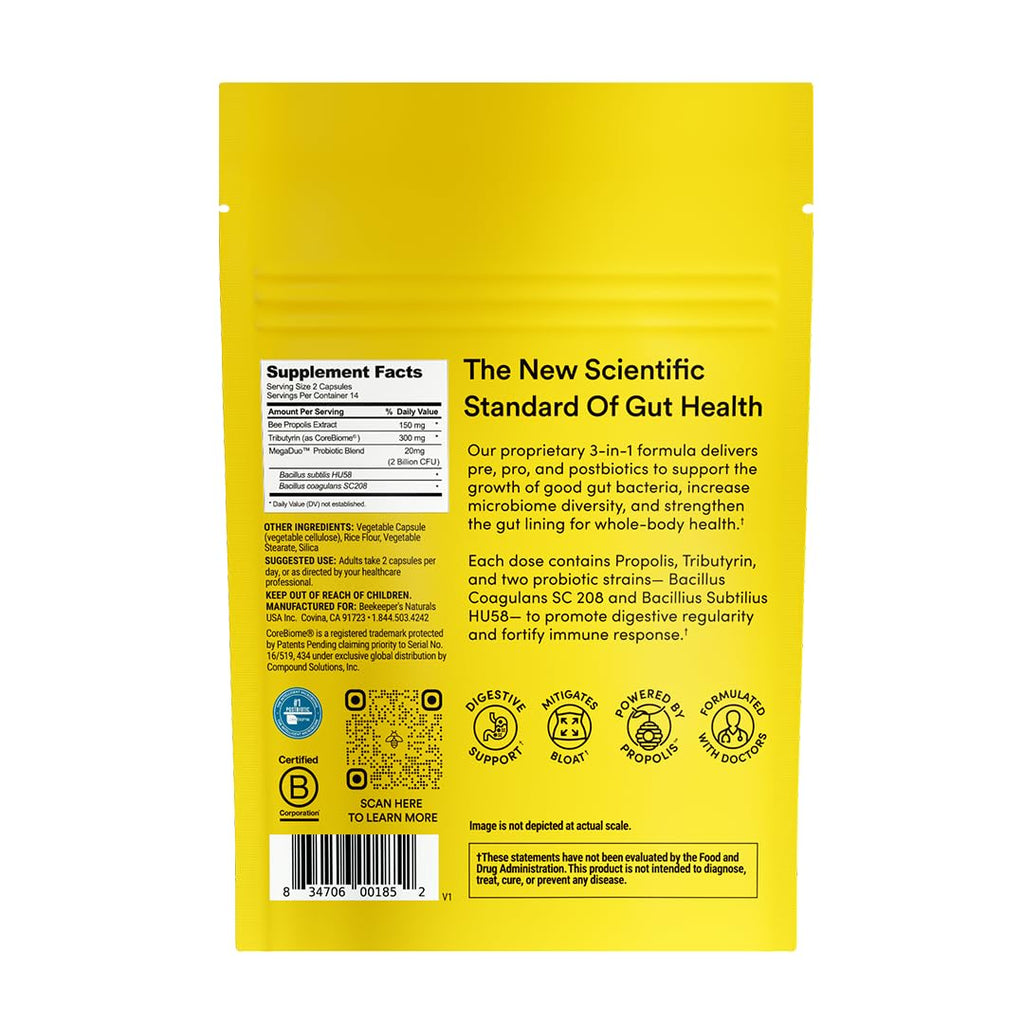 Beekeeper's Naturals Complete Gut Health, 3-in-1 Prebiotic, Postbiotic, Probiotics for Digestive Health & Bloating Relief for Women & Men