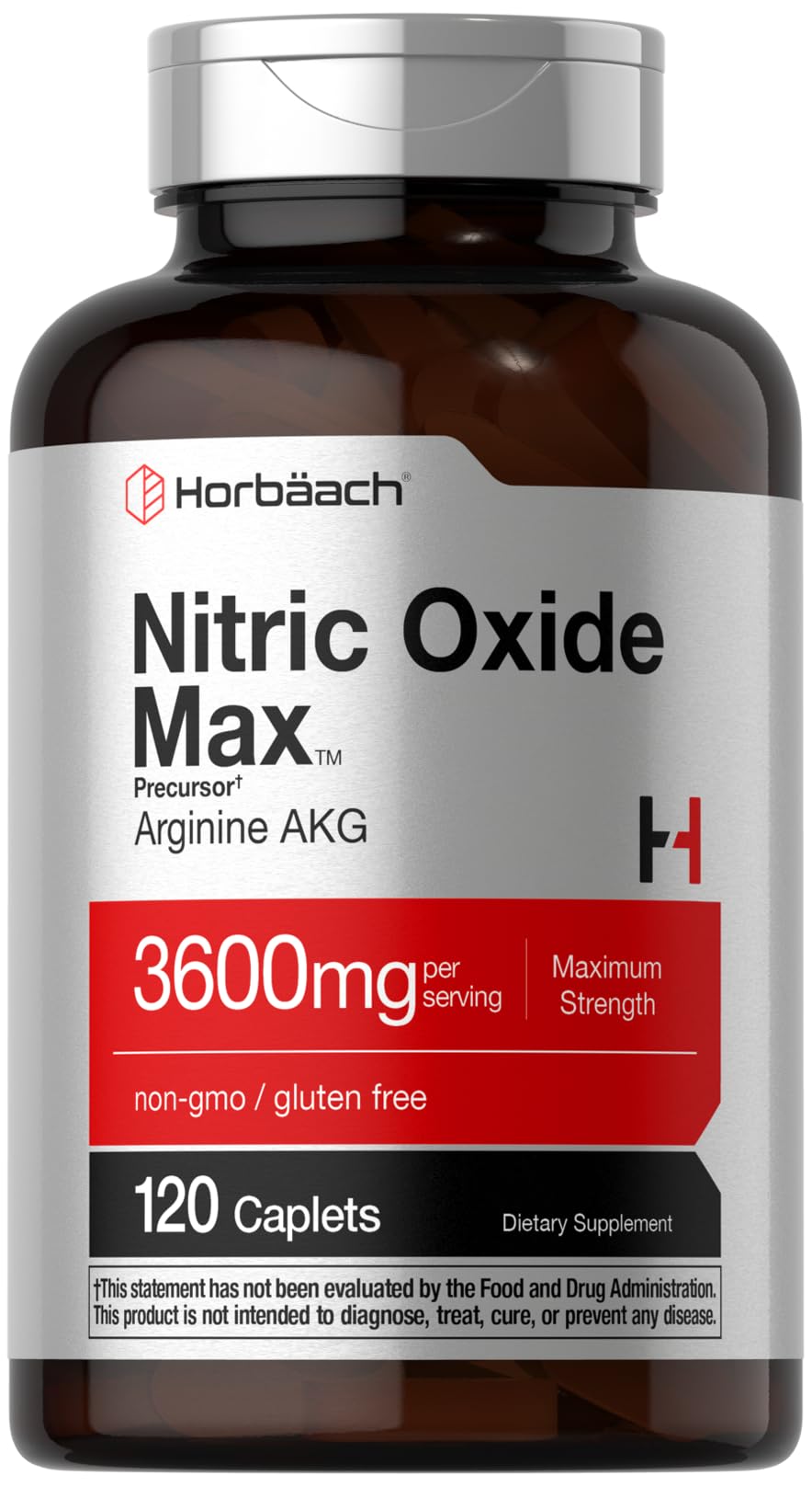 Horbäach Nitric Oxide Max 3600mg | 120 Caplets | with Arginine AAKG for Men and Women | Vegetarian, Non-GMO