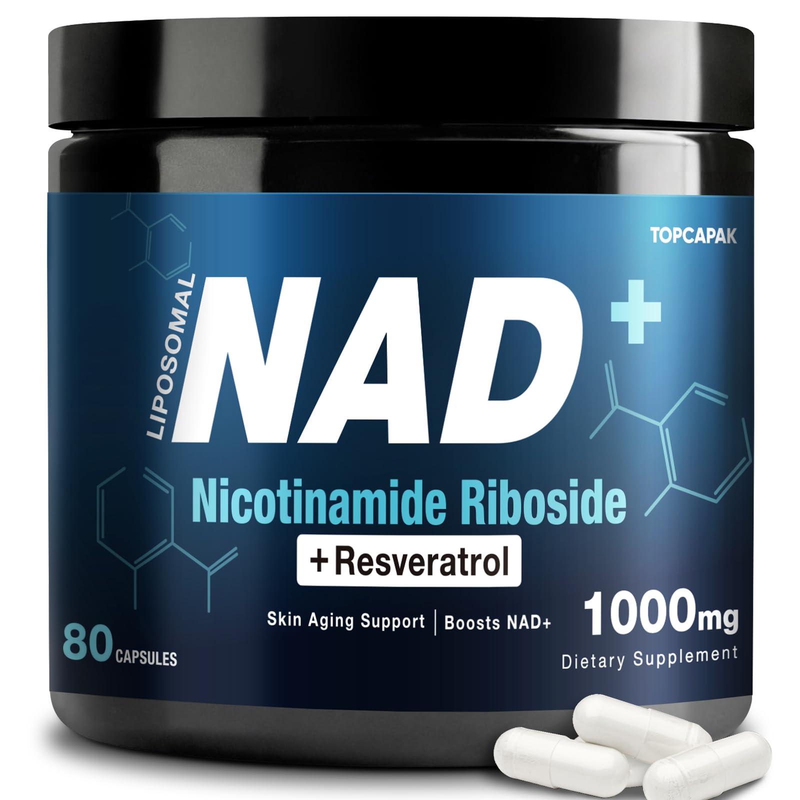 NAD+ Supplement 1000mg - Nicotinamide Riboside (NR) and Resveratrol, Liposomal NAD of Pure Organic Ingredients for Women & Men Healthy Aging, Brain and Cellular Energy, 80 Capsules TOPCAPAK Au supplements