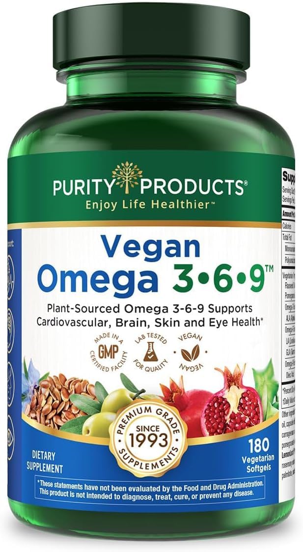 Purity Products Vegan Omega 3 6 9 Formula - “5 in 1” Essential Fatty Acid Complex - Scientifically Formulated Plant-Based Vegan Omega 3-6-9 Essential Fatty Acids