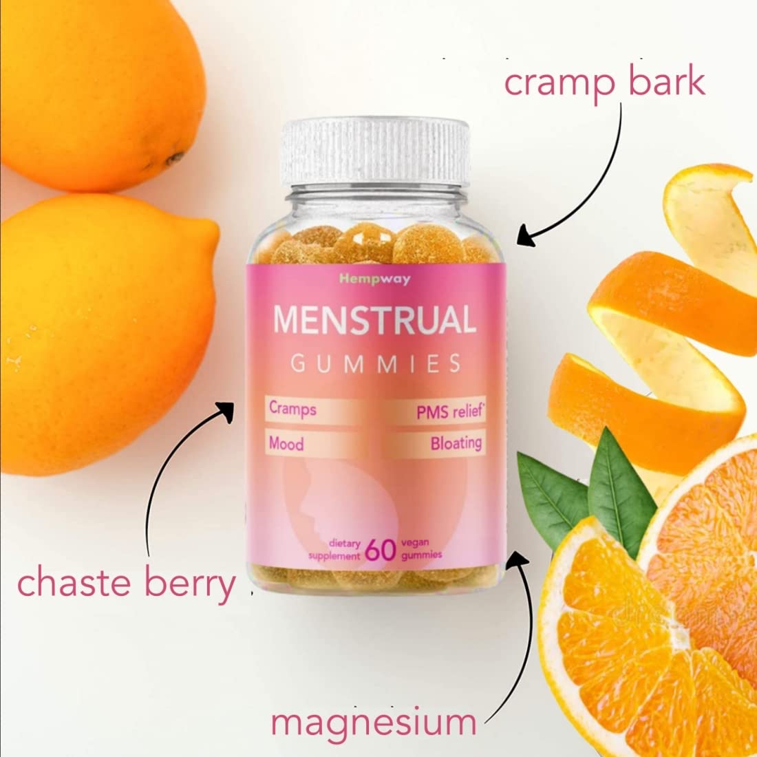 HEMPWAY Menstrual Gummies for Women May Help Support Bloating, Period Relief | Plant-Based | Cramp Bark, Magnesium, Chaste Berry | Vegan | Orange 60ct HEMPWAY Au supplements