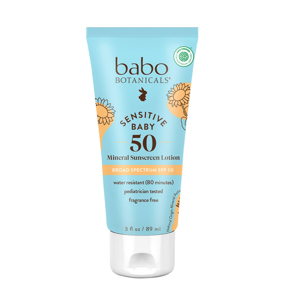 Babo Botanicals Sensitive Baby Mineral Sunscreen Lotion SPF50 - Natural Zinc Oxide - Face & Body - Fragrance-Free - Water-Resistant