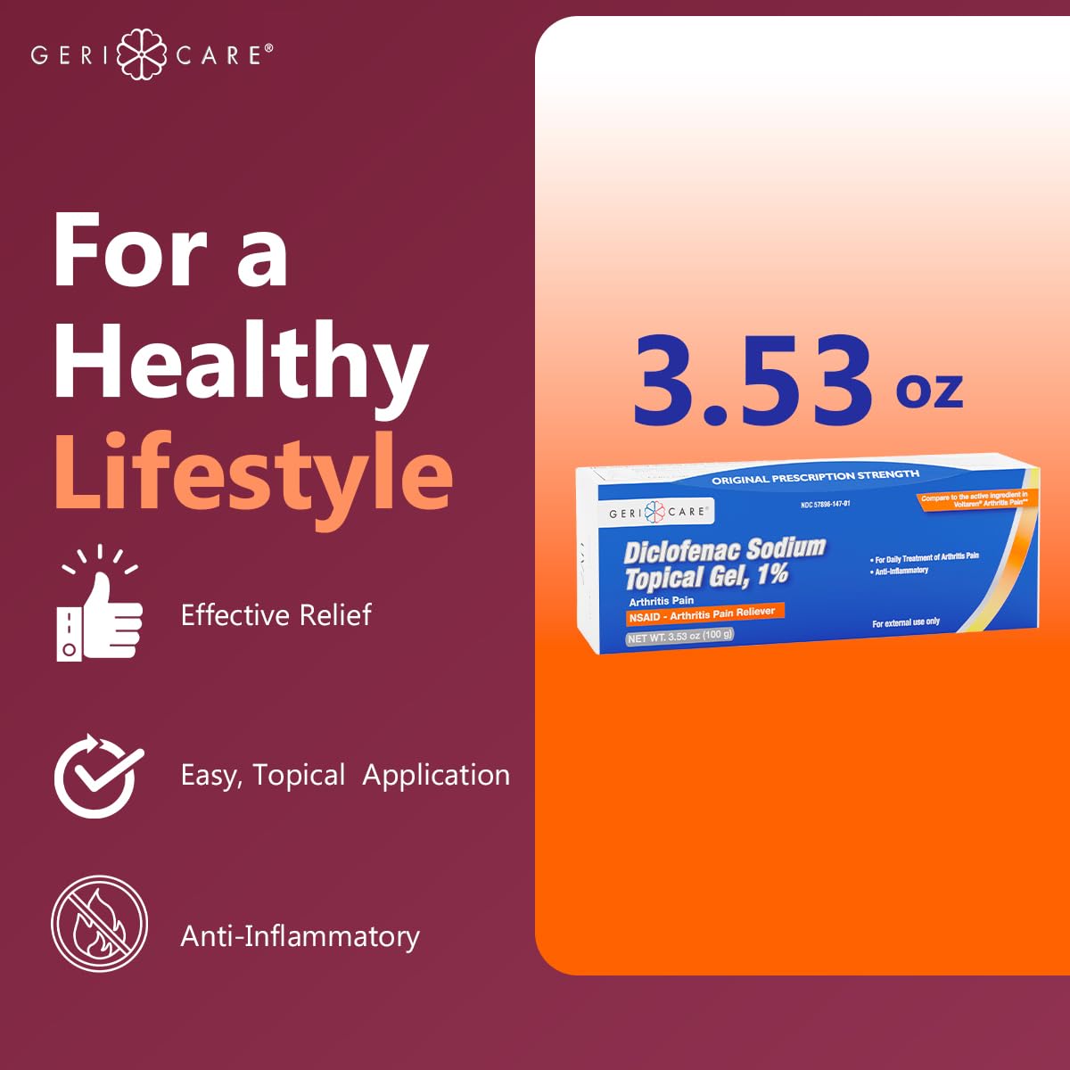 GeriCare Topical Arthritis Pain Relief Gel Diclofenac Sodium 1% (NSAID) Hand Wrist Elbow Foot Ankle Knee Extra-Strength Pain Reliever- Anti-inflammatory Arthritis Pain Treatment, 3.53oz (2 Pack) GeriCare Au supplements