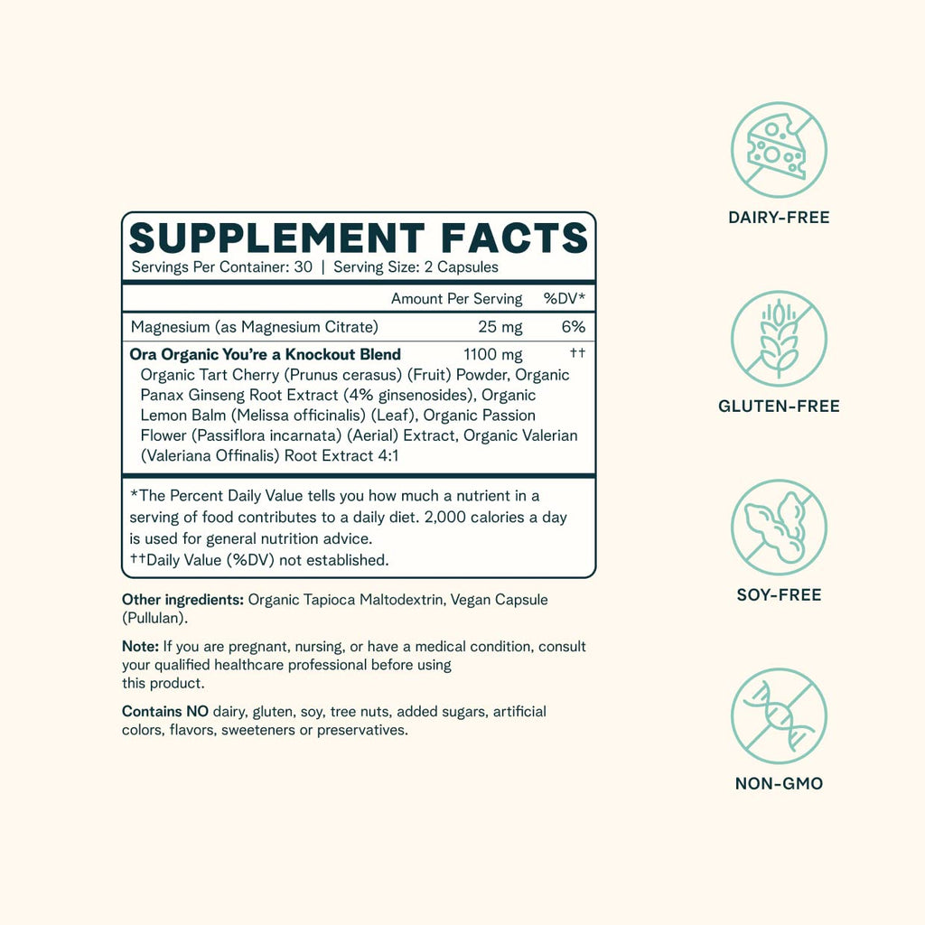 Ora Organic Natural Sleep Aid Supplement Stress Support Calming Herbal Blend with Melatonin from Tart Cherry - Includes Magnesium Citrate, Valerian Root, and Lemon Balm - 1 Month Supply, 60 Capsules Ora Organic Au supplements