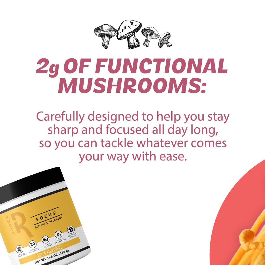 Roots Focus Brain Supplement - Nootropic Mushroom Supplement Powder for Memory, Focus, Energy - Lion's Mane, Cordyceps, Reishi Mushrooms with Caffeine - Blackberry Lemonade, 11.6oz Tub (50 Servings) Silver Star Nutrition Au supplements