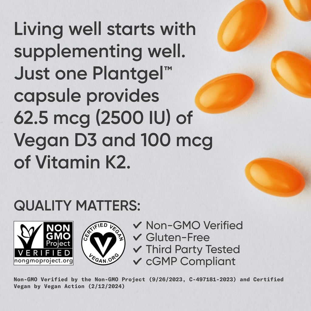 Sports Research® Vitamin D3 + K2 w/Coconut Oil - Vegan Vitamin D 2500iu (62.5mcg) & Mk7 Vitamin K 100mcg for Bone & Immune Support - Vegan Certified