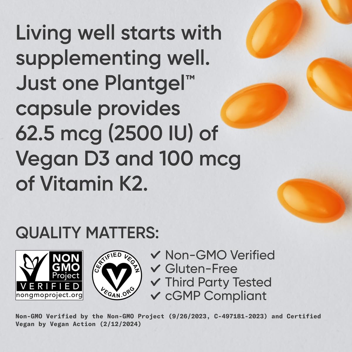 Sports Research® Vitamin D3 + K2 w/Coconut Oil - Vegan Vitamin D 2500iu (62.5mcg) & Mk7 Vitamin K 100mcg for Bone & Immune Support - Vegan Certified