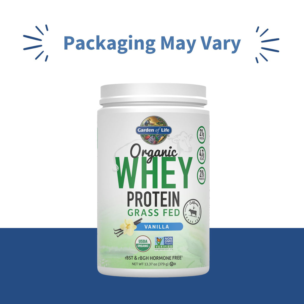 Garden of Life Grass Fed Whey Protein Powder Vanilla - 21g Protein for Women & Men + Probiotics - 12 Servings - Gluten Free, Non GMO, Kosher, Humane, RBST & rBGH Hormone Free
