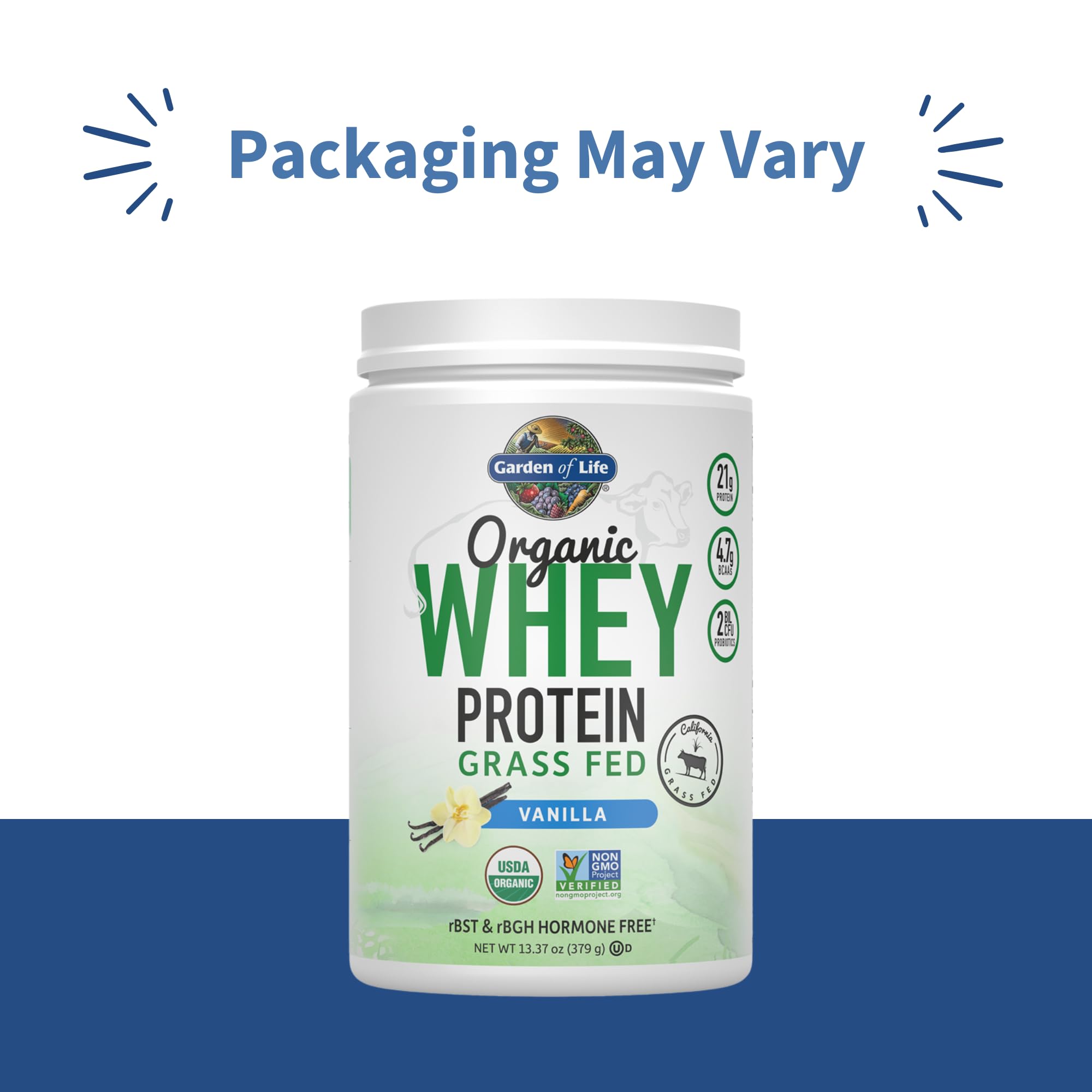Garden of Life Grass Fed Whey Protein Powder Vanilla - 21g Protein for Women & Men + Probiotics - 12 Servings - Gluten Free, Non GMO, Kosher, Humane, RBST & rBGH Hormone Free