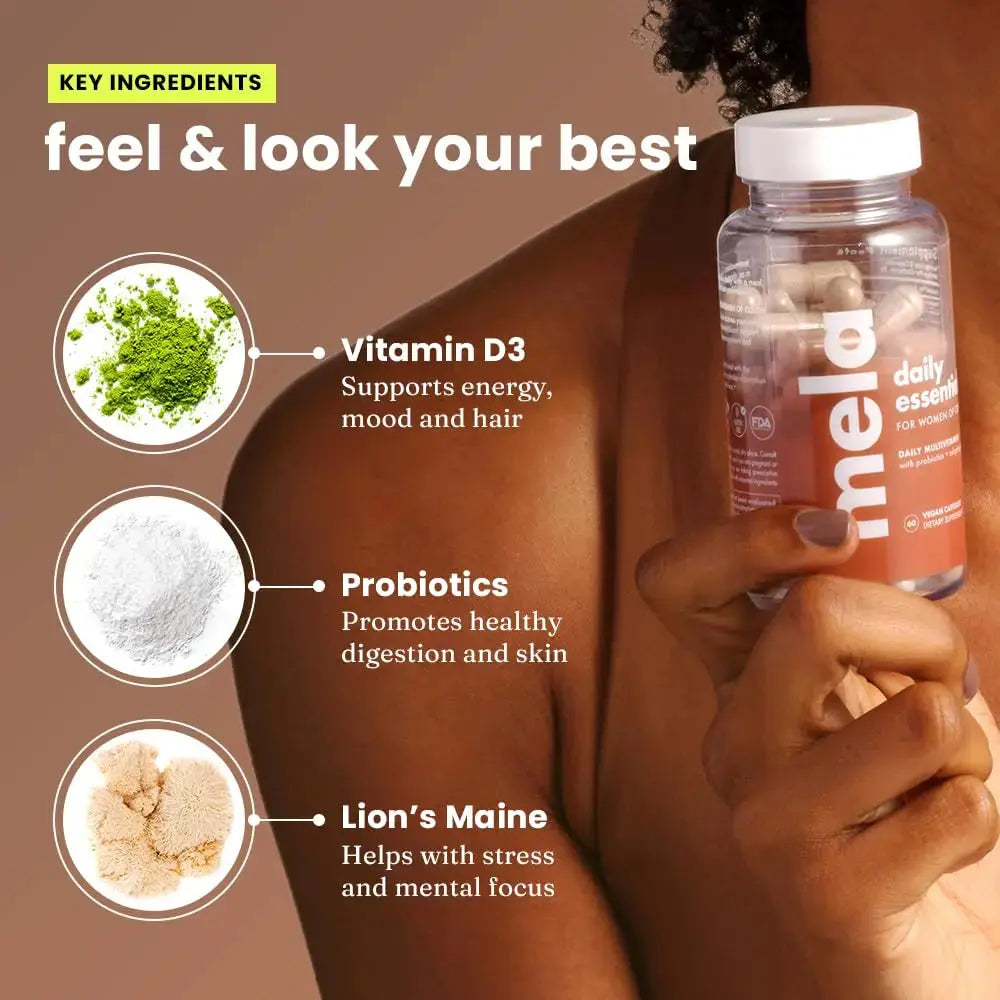 Mela Daily Essentials Multivitamin for Melanated Women - High-Dose Vitamin D3 and B12, Probiotics, Lion's Mane, Ceylon Cinnamon Mela Au supplements