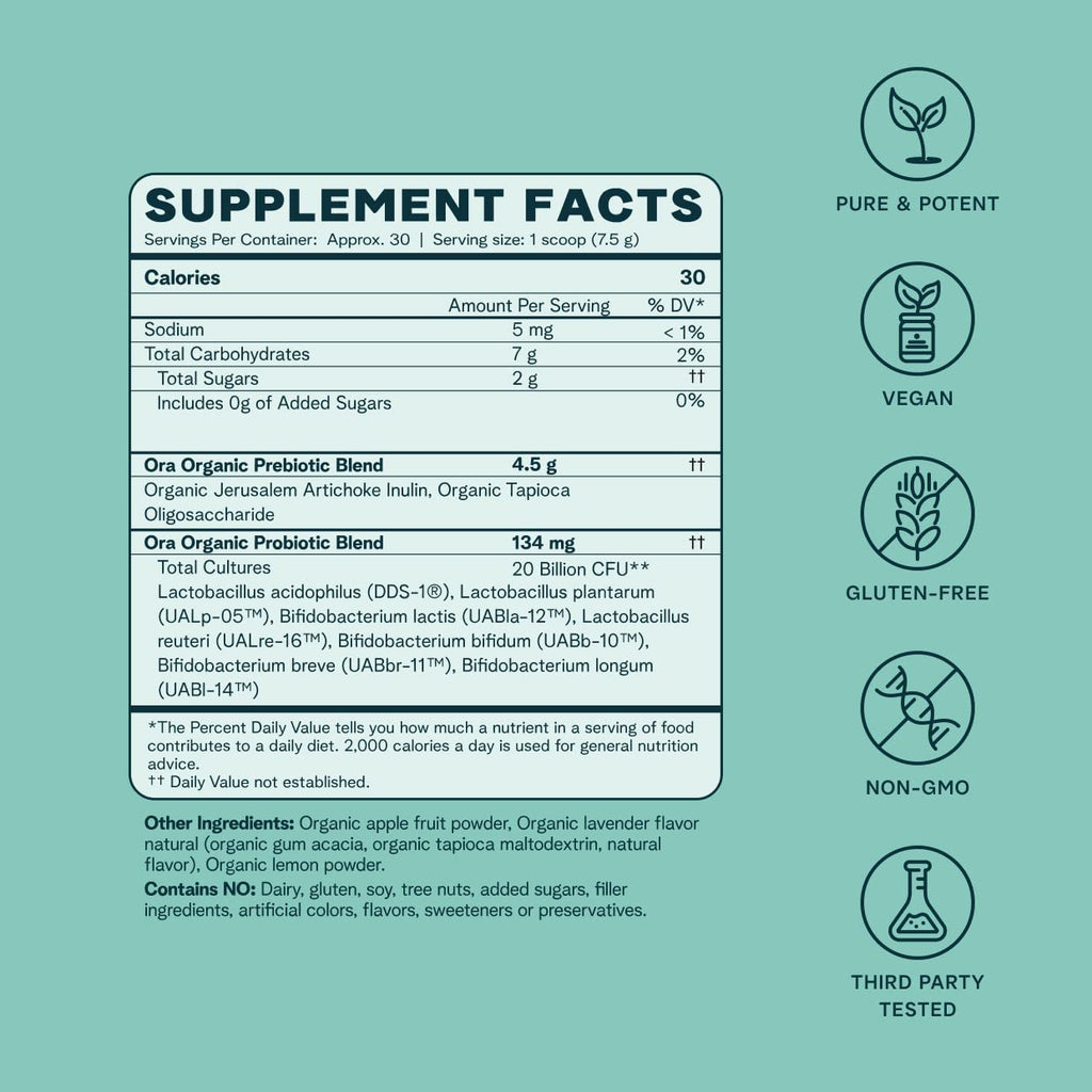 Ora Organic Prebiotic and Probiotic Powder Supplement - 20 Billion Probiotics, 7 Strains for Best Prebiotic Powder, Non-GMO, Probiotics for Women, Men & Kids