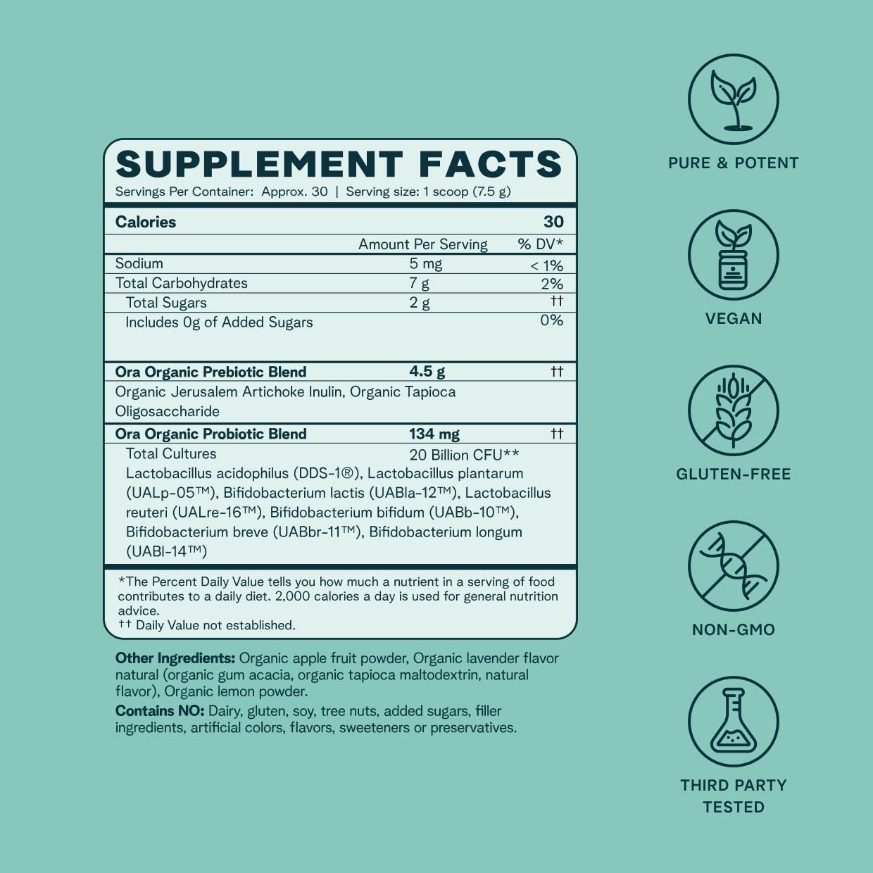 Ora Organic Prebiotic and Probiotic Powder Supplement - 20 Billion Probiotics, 7 Strains for Best Prebiotic Powder, Non-GMO, Probiotics for Women, Men & Kids