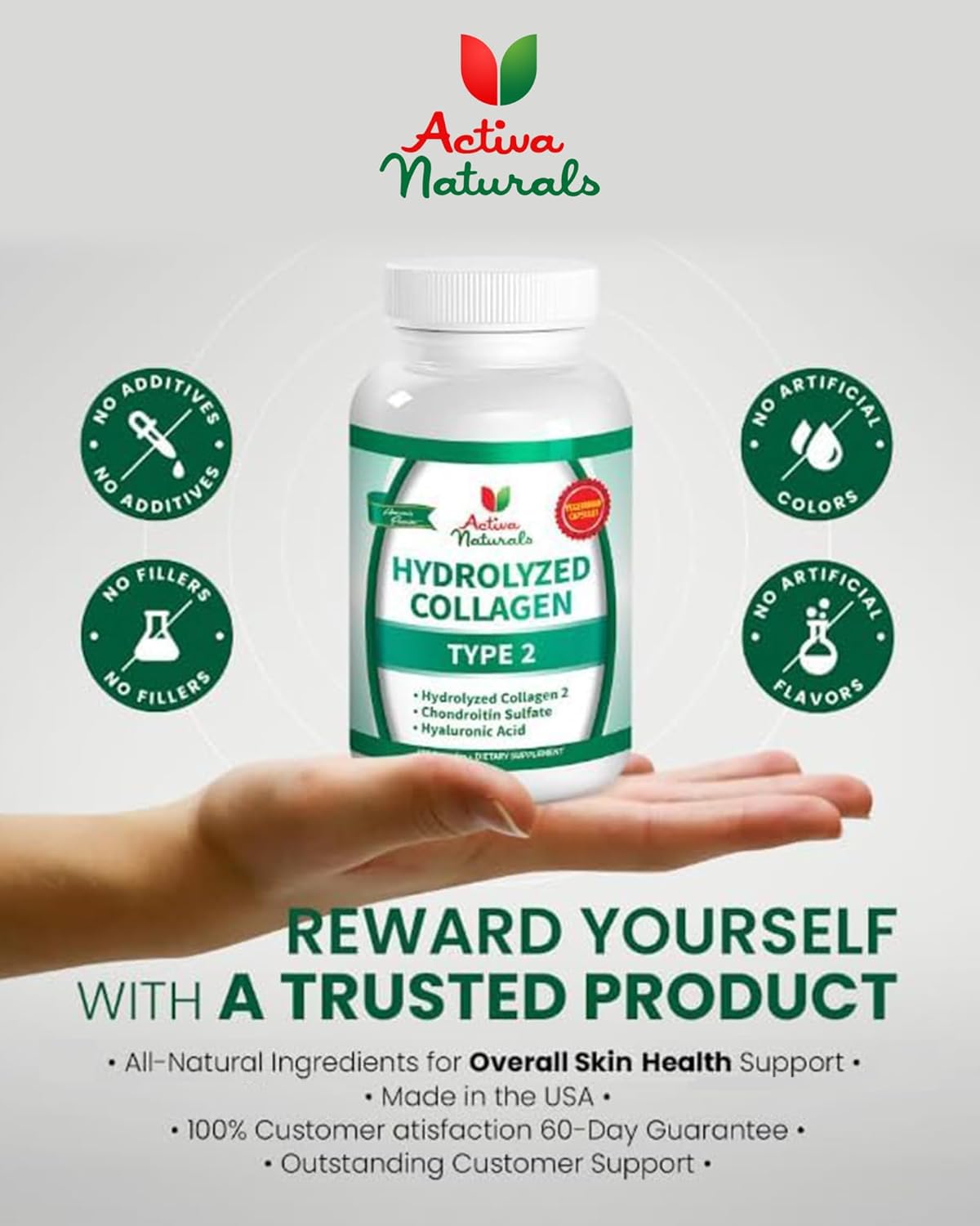 Activa Naturals Collagen Type 2 Hydrolyzed Supplement with Chondroitin and Hyaluronic, for Healthy Hair, Skin, and Nails, No Fillers, Additives, and No Artificial Colors - 120 Vegetarian Capsules Activa Naturals Au supplements