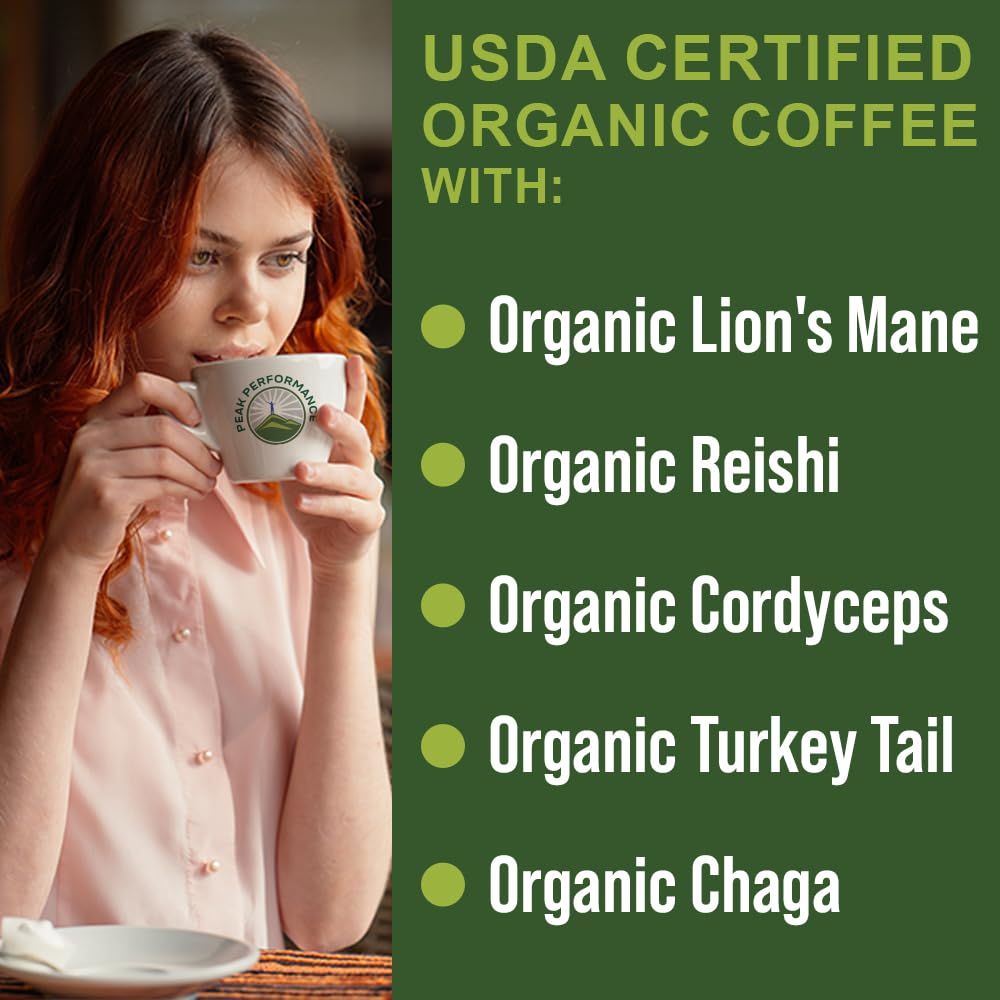 Organic Low Acid Mushroom Coffee with Lion's Mane, Reishi, Cordyceps, Turkey Tail, and Chaga Mushrooms - Great Tasting Premium High Altitude Medium Roast Ground Bags 10 oz by Peak Performance Peak Performance Au supplements
