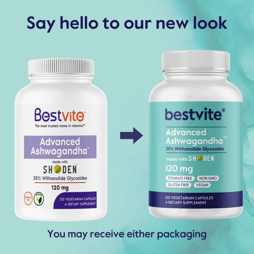 BESTVITE Advanced Ashwagandha 120mg w/Shoden (120 Vegetarian Capsules) - Clinically Studied Containing Industry Leading 35% Withanolide Glycosides - No Stearates - Vegan - Non GMO - Gluten Free BESTVITE Au supplements
