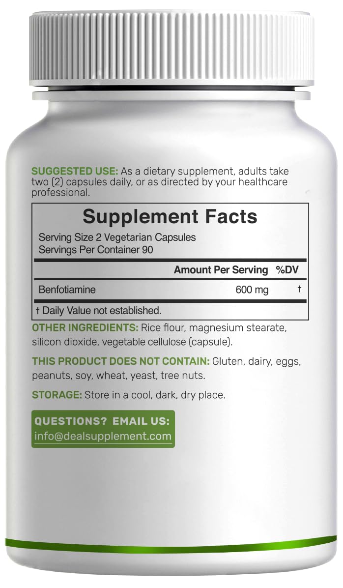 Benfotiamine 600mg Per Serving, 180 Veggie Capsules (300mg Per Cap) – Fat Soluble Vitamin B1 Thiamine Supplement
