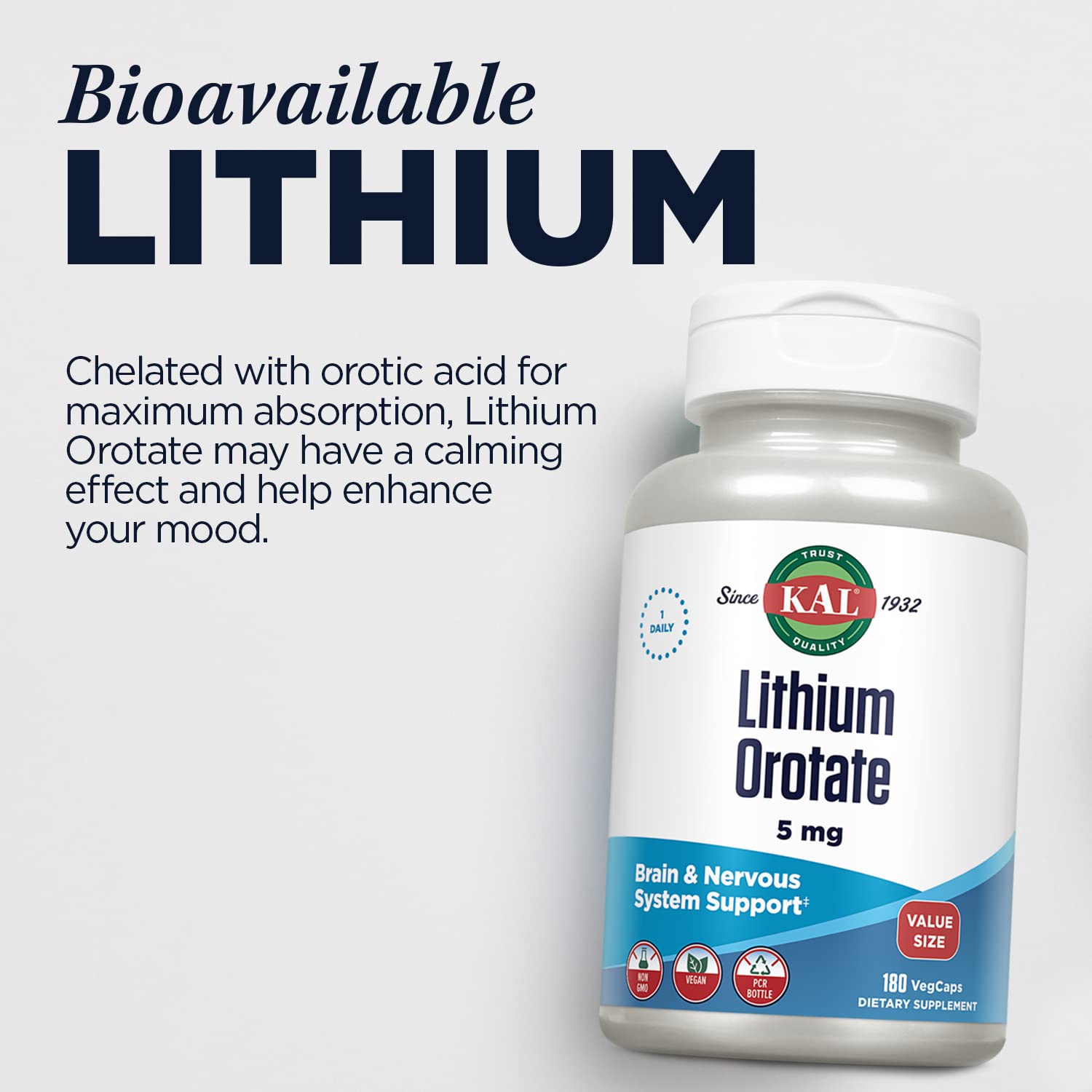 KAL Lithium Orotate 5mg, Low Dose Lithium Supplement for General Wellness Mood Support, Highly Bioavailable, Vegan, 60-Day Guarantee,