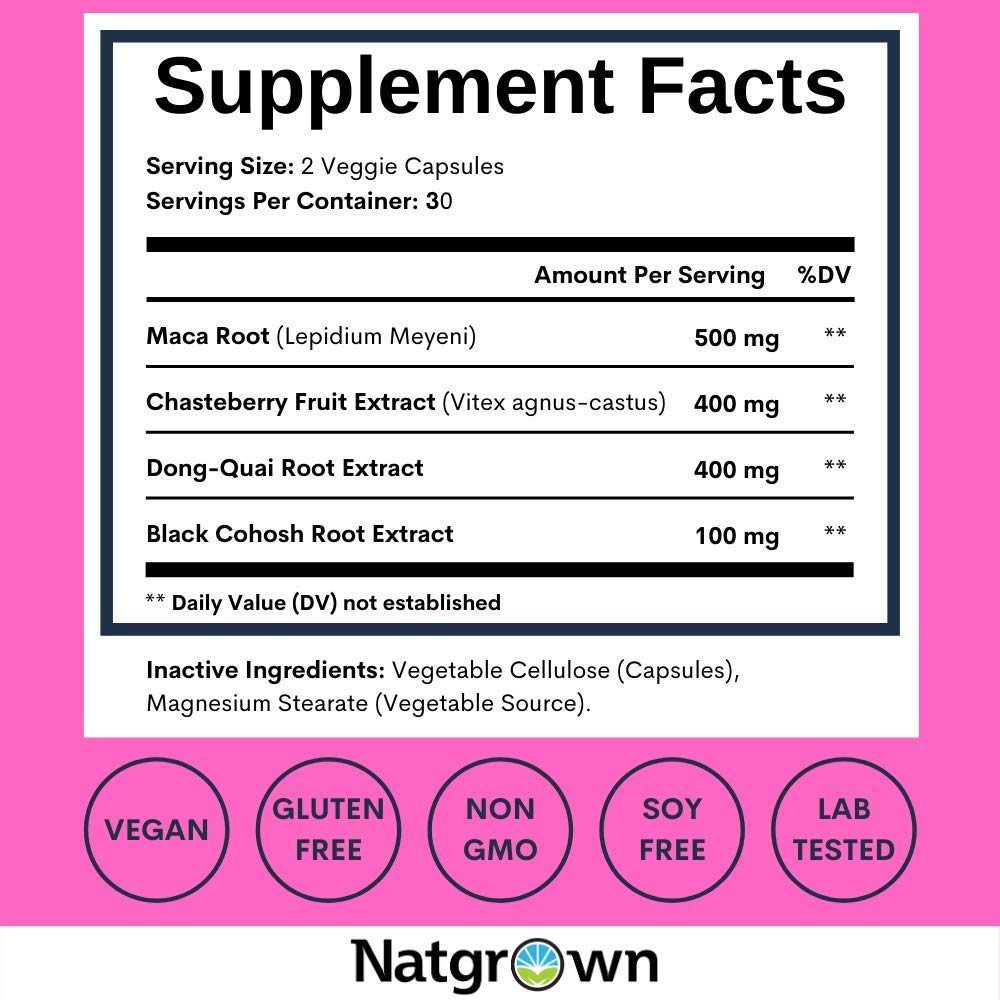 Natgrown Hormone Balance for Women PMS & Menopause Supplement for Fertility Hormonal & Menstrual Support, Helps Relief Hot Flashes - Maca Root, Vitex, Dong Quai & Black Cohosh Complex -Vegan Capsules Natgrown Au supplements