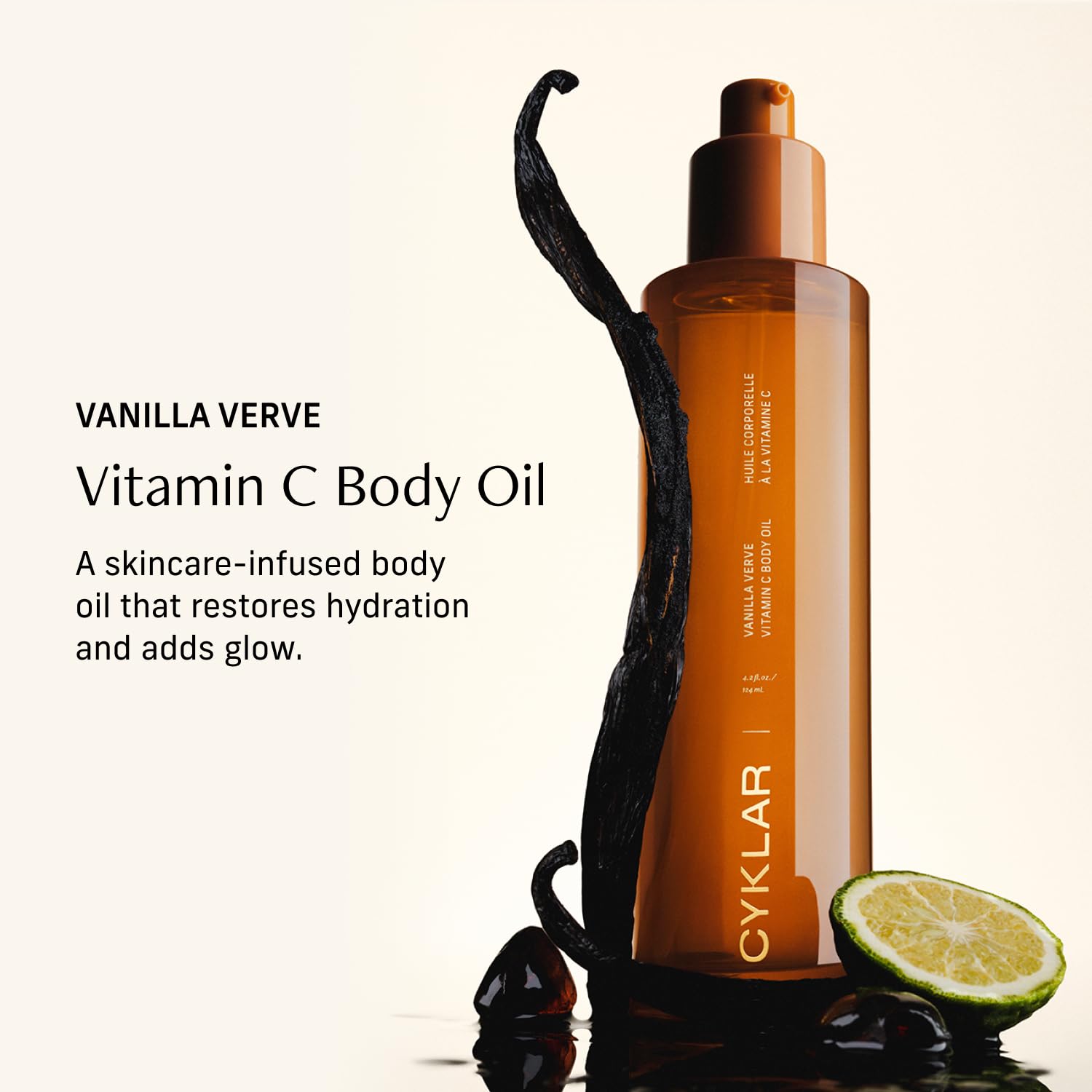 CYKLAR Vitamin C Body Oil for Women and Men. Moisturizing Vanilla Verve Scented Body Serum for Glowing Skin. Nourishing