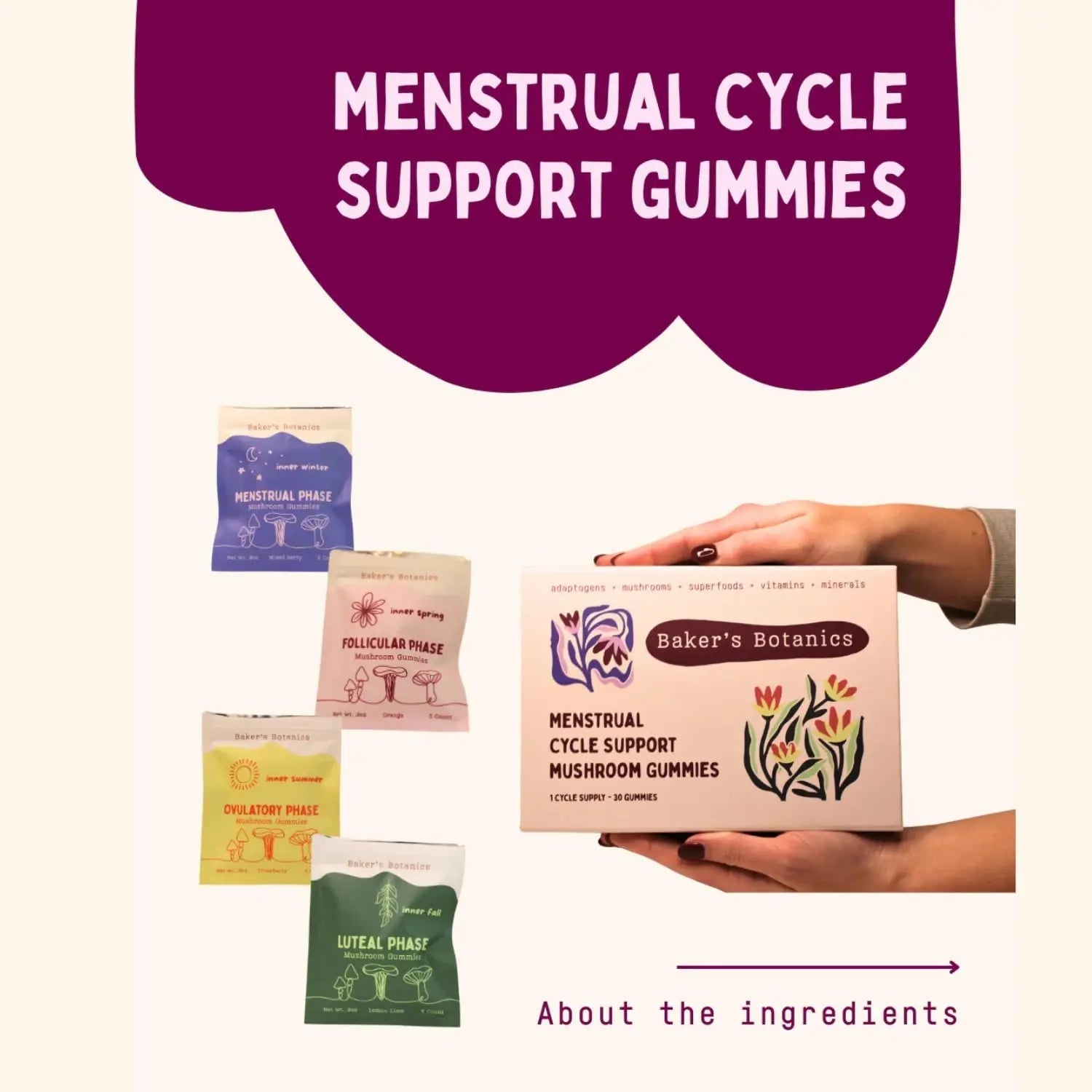 Period ovulatory & PMS Support Supplement for Women – Hormone Balance + 4-Phase Menstrual Cycle Kit | Vegan Functional Mushroom Gummies by Baker’s Botanics (Pack of 6)(30 Gummies) Baker's Botanics Au supplements