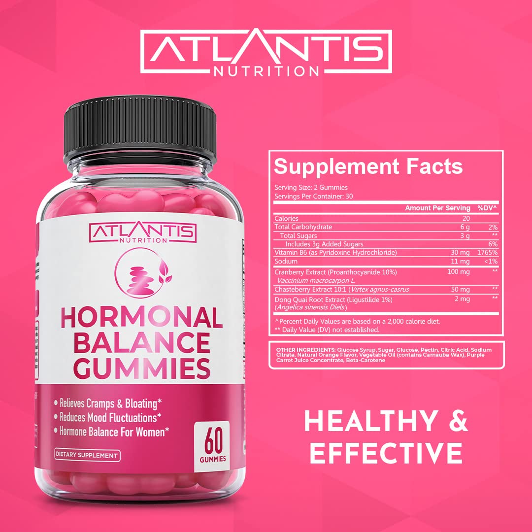 Atlantis Nutrition Hormonal Balance for Women & PMS Relief Gummies - Alleviates Cramps, Bloating, Mood Swings, Hot Flashes & Night Sweats - Cranberry, Dong Quai & Chasteberry Menstrual Cramp Relief Atlantis Nutrition Au supplements