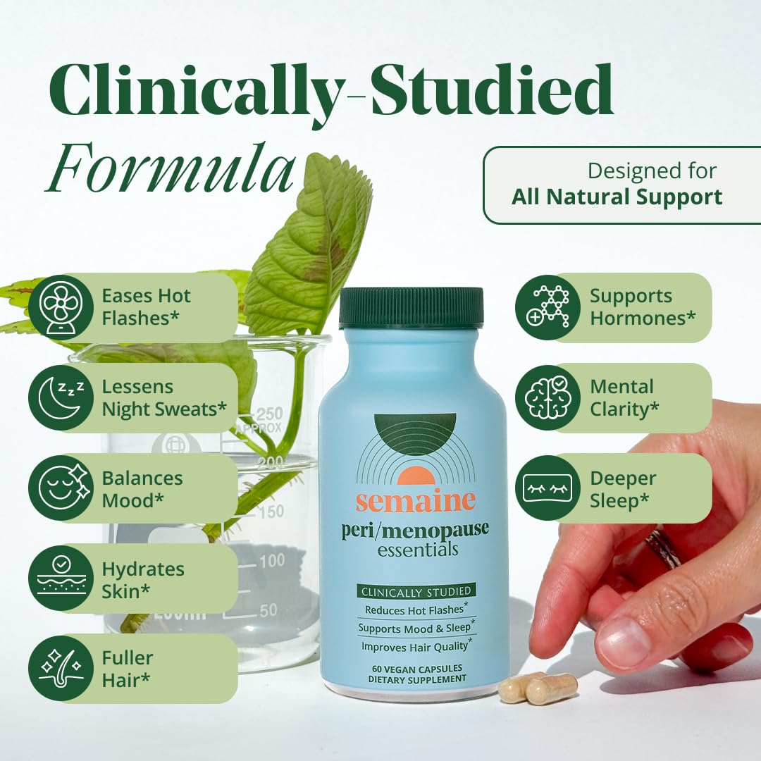 Semaine Peri/Menopause Essentials, 60 Ct. - Fuller Hair, No More Hot Flashes, Hormone Balance, Better Sleep & More - Clinically-Studied, Non-Hormonal Formula Semaine Au supplements