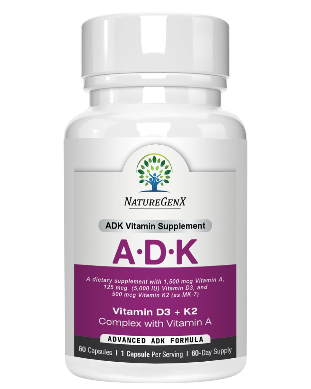 NatureGenX ADK Vitamin Supplement – Vitamins A, D3 & K2 MK-7 for Bone Health & Calcium Absorption – Gluten-Free, Non-GMO, Soy-Free
