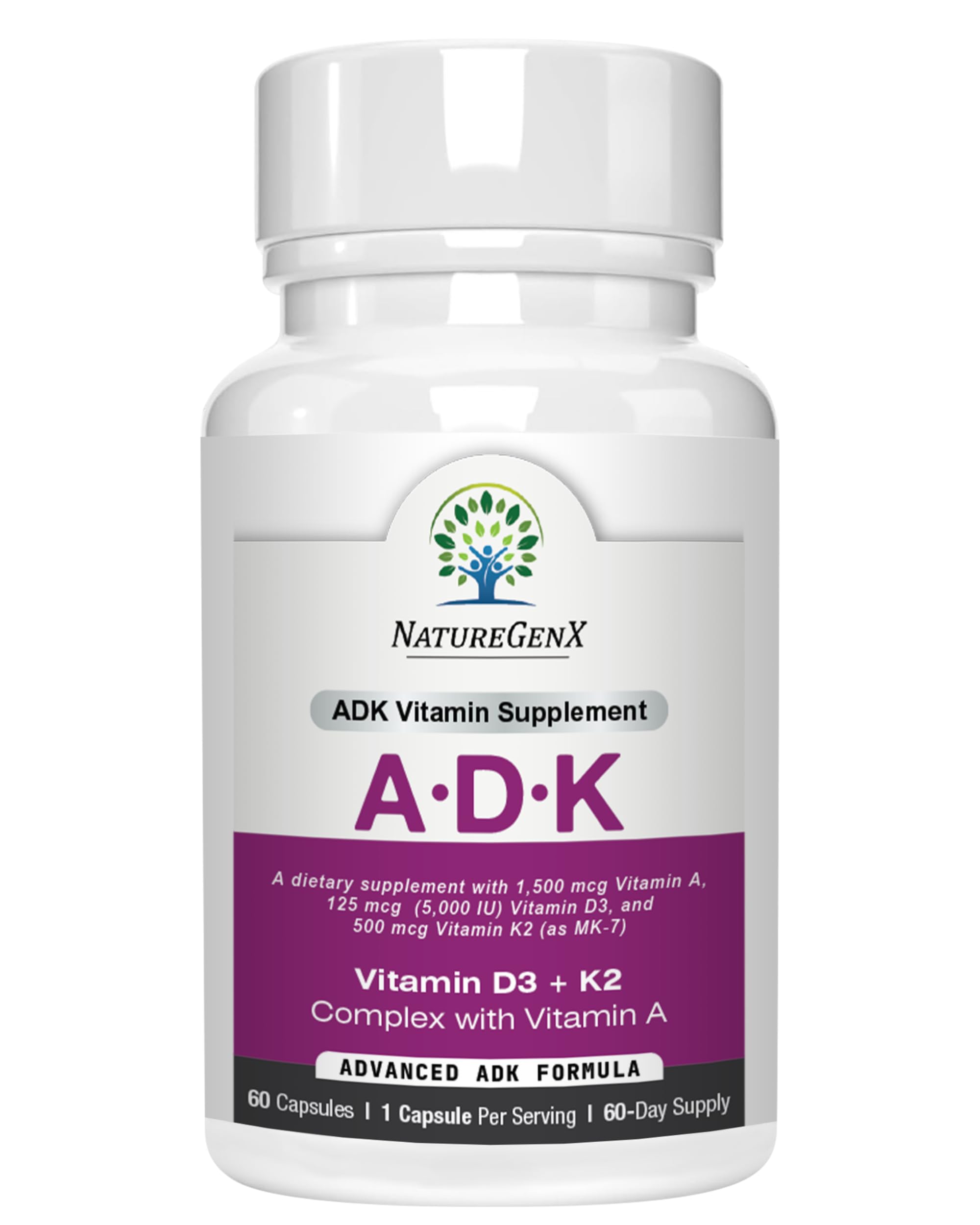 NatureGenX ADK Vitamin Supplement – Vitamins A, D3 & K2 MK-7 for Bone Health & Calcium Absorption – Gluten-Free, Non-GMO, Soy-Free