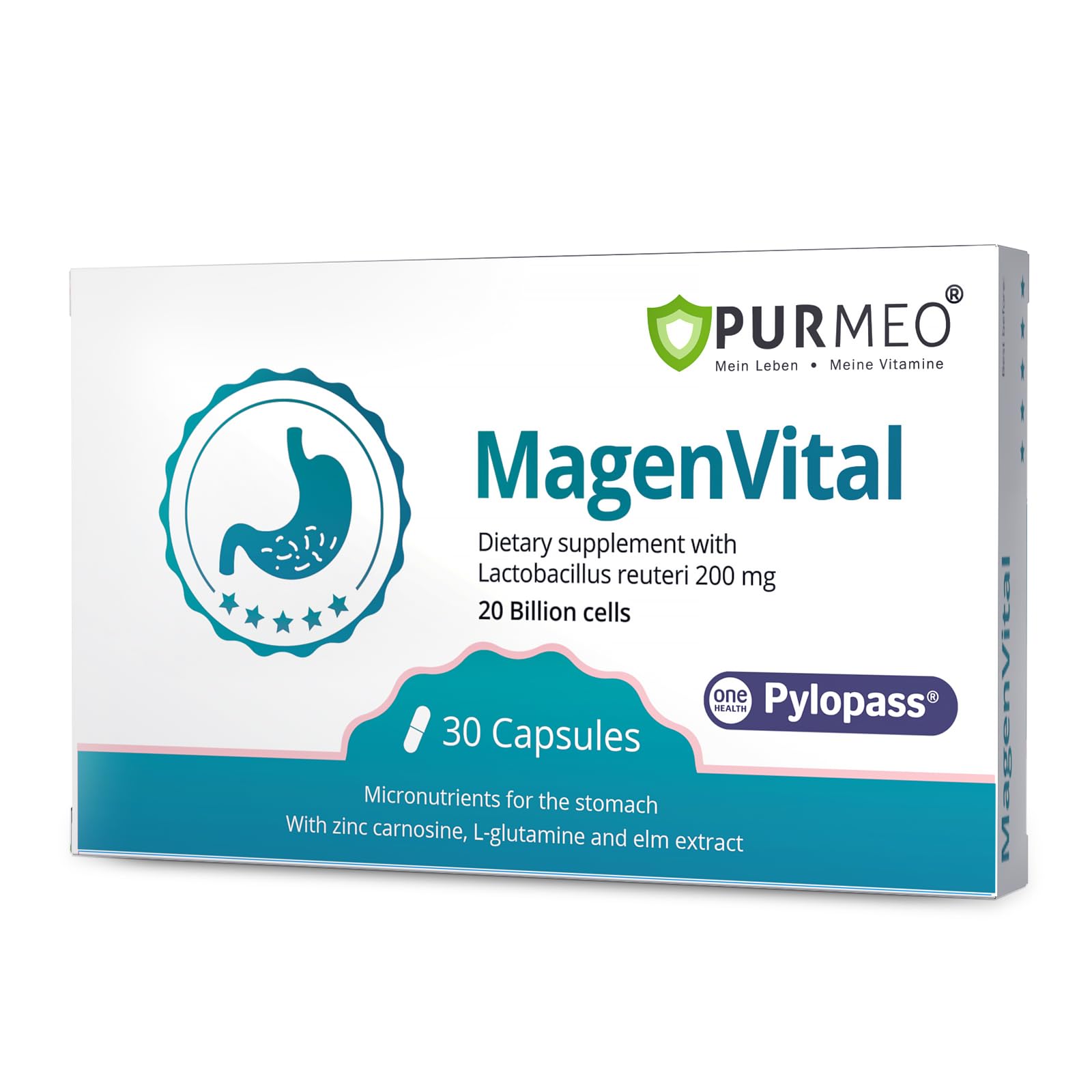 5-in-1 High Potency H. Pylori Probiotic, 1 Per Day - Supports Gastric Lining Integrity, Occasional Indigestion, Acid Comfort - Pylopass Lactobacillus Reuteri, Gluten Free, Vegan, 30ct, Made in Germany purmeo Au supplements