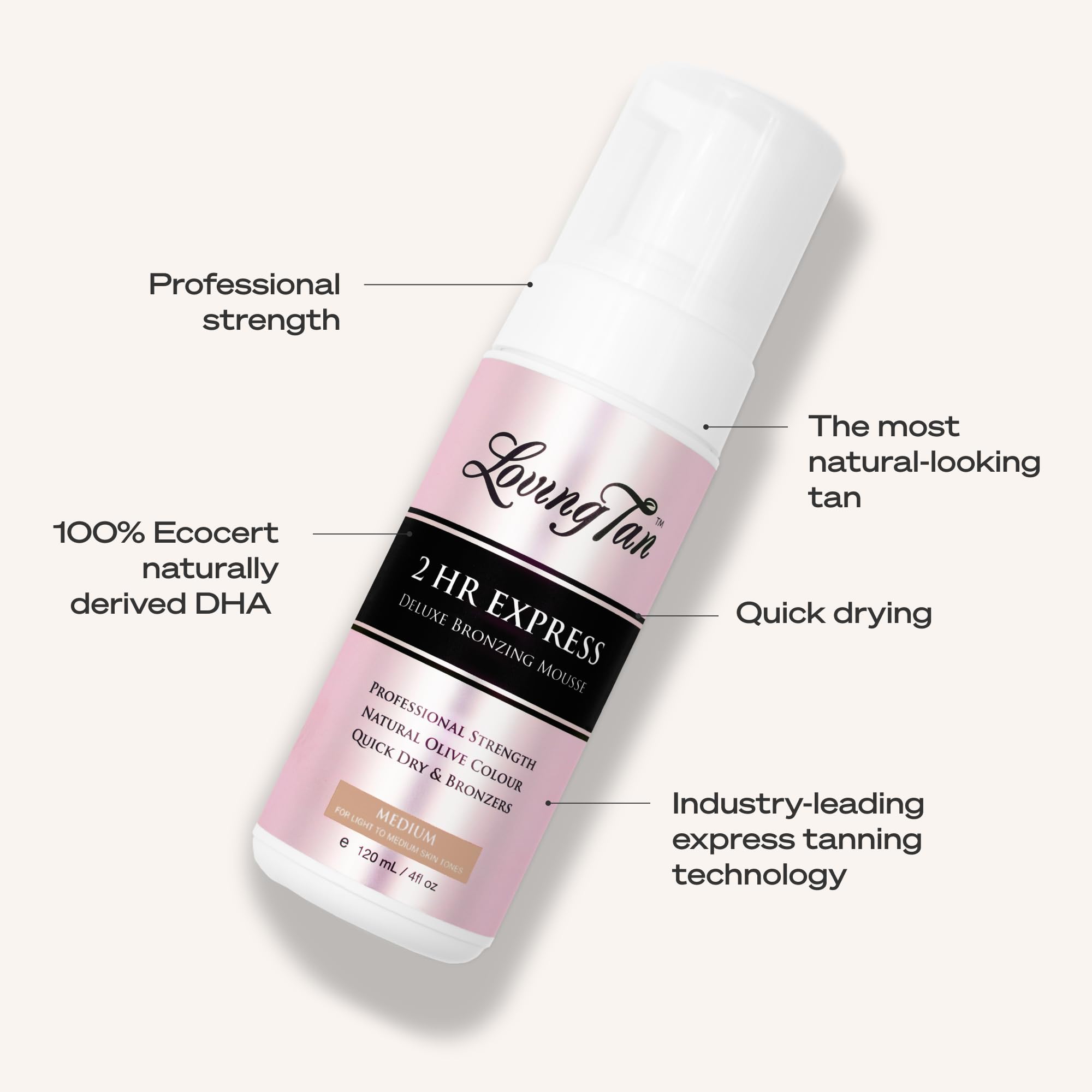 Loving Tan 2 HR Express Self Tanning Mousse, Medium - Streak Free, Natural, Professional Quality - 5+ Sunless Self Tanner Applications per Bottle