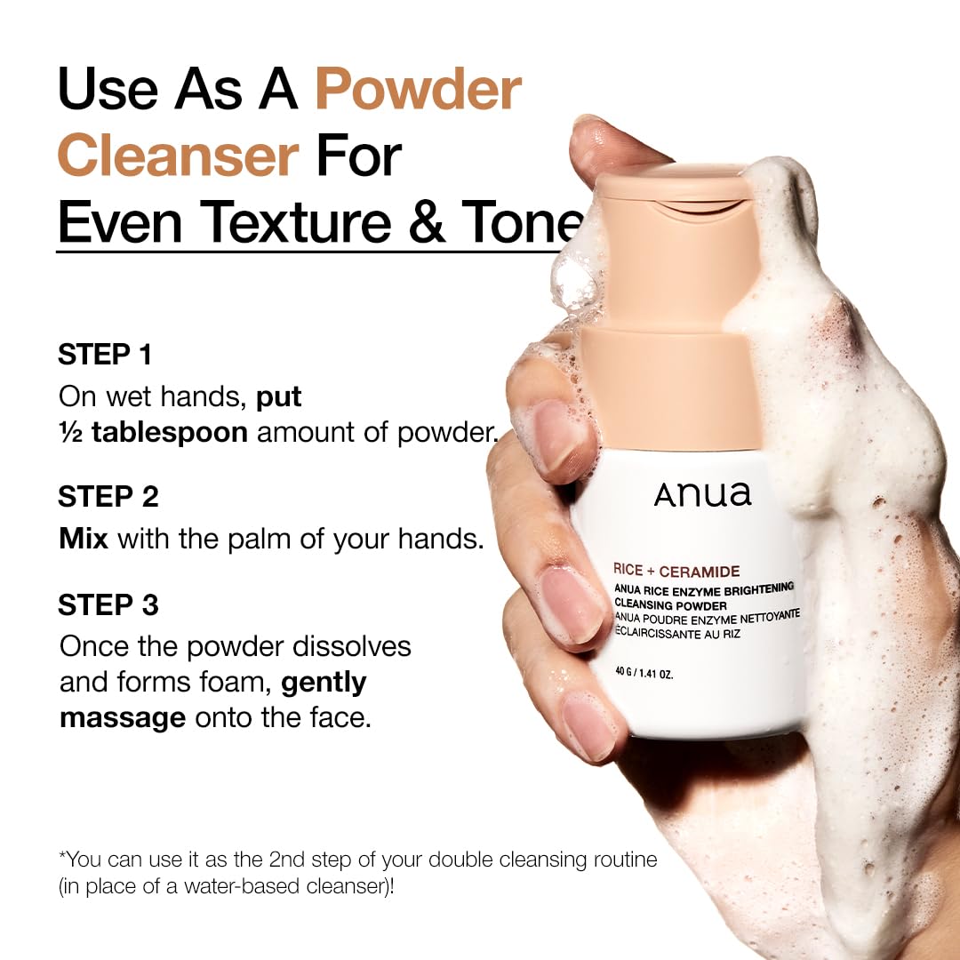 ANUA Rice Enzyme Brightening Cleansing Powder, Exfoliating Powder-to-Foam Cleanser, Smooth Texture & Clarity