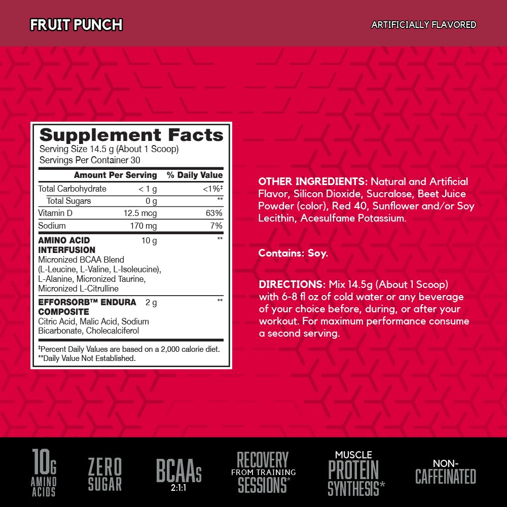 BSN Amino X Muscle Recovery & Endurance Powder, BCAAs, 10 Grams of Amino Acids, Keto Friendly, Caffeine-Free, Support Endurance, Zero Sugar, Fruit Punch, 30 servings,