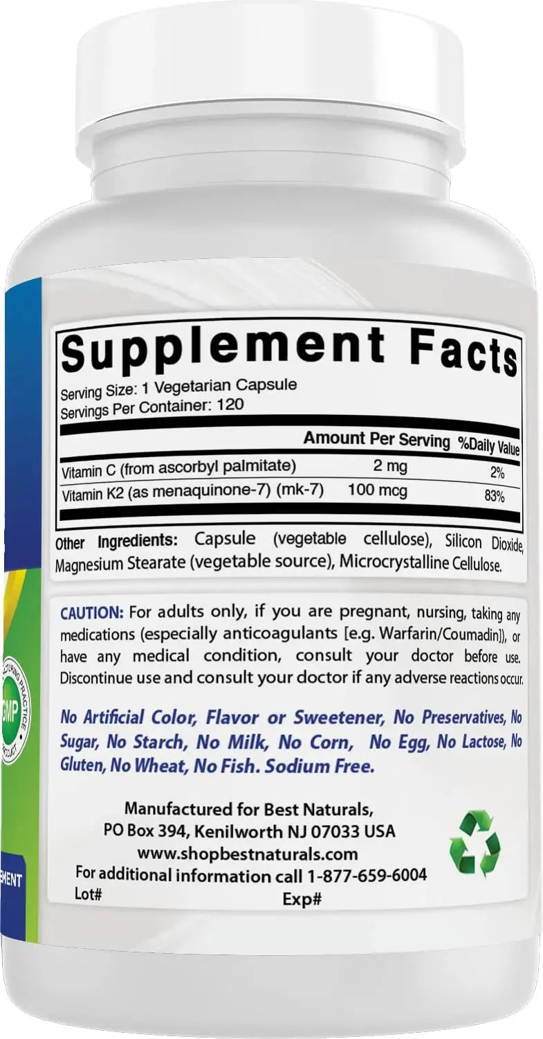 Best Naturals MK-7 Vitamin K2 100 mcg 120 Vcaps Best Naturals Au supplements