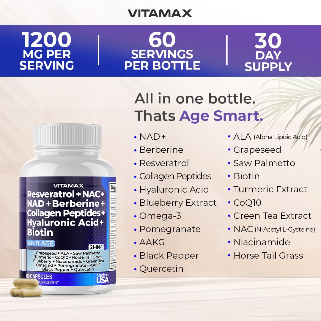 Resveratrol NAD+ Berberine Hyaluronic Acid - Biotin Grape & Blueberry + NAC - Collagen Peptides - Hair, Nail, Skin & Joint Supplement - 21-in-1 Women and Men