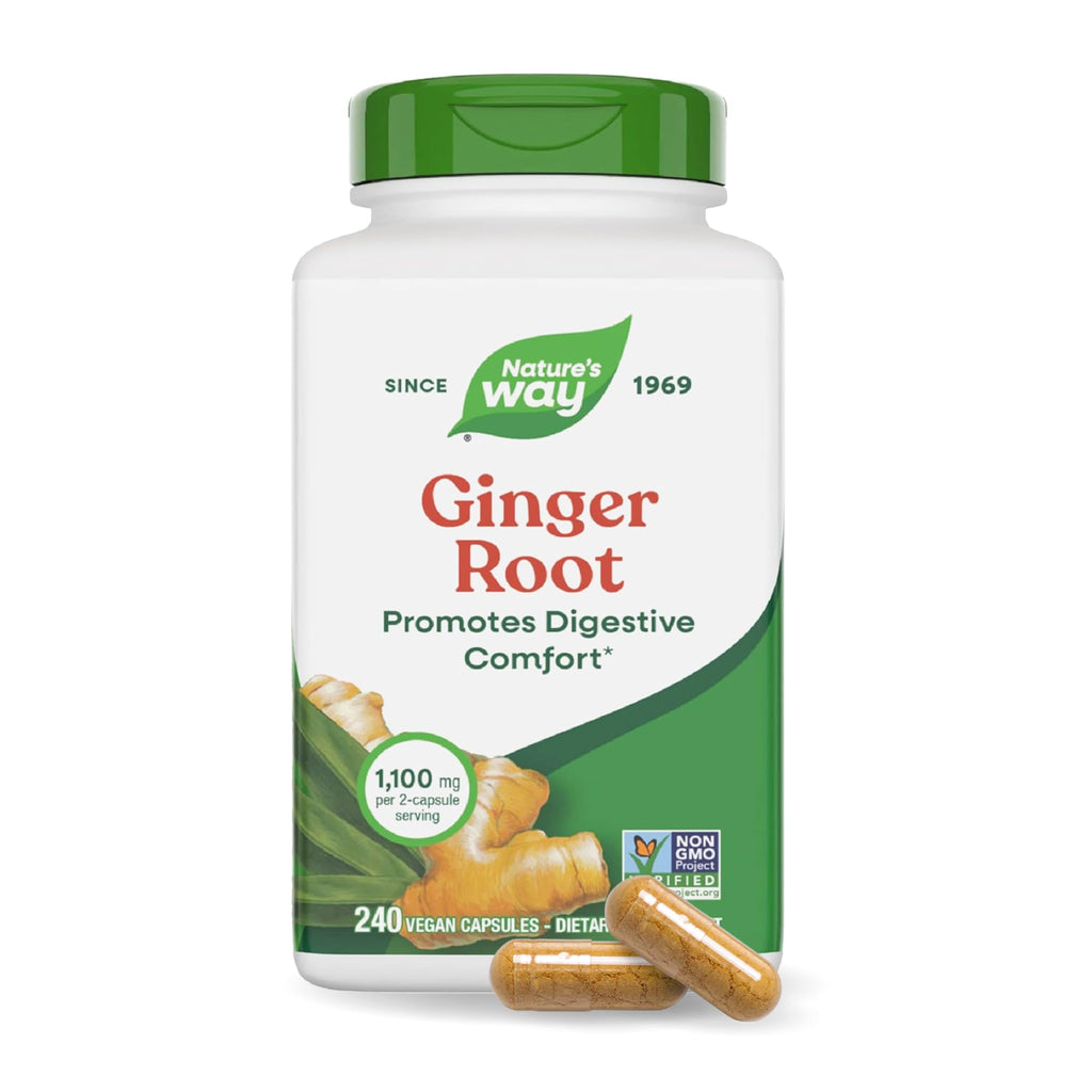 Nature’s Way Ginger Root Capsules, 1100 mg per 2-Capsule Serving Ginger Supplement for Digestive Comfort and Motion-Related Nausea Support