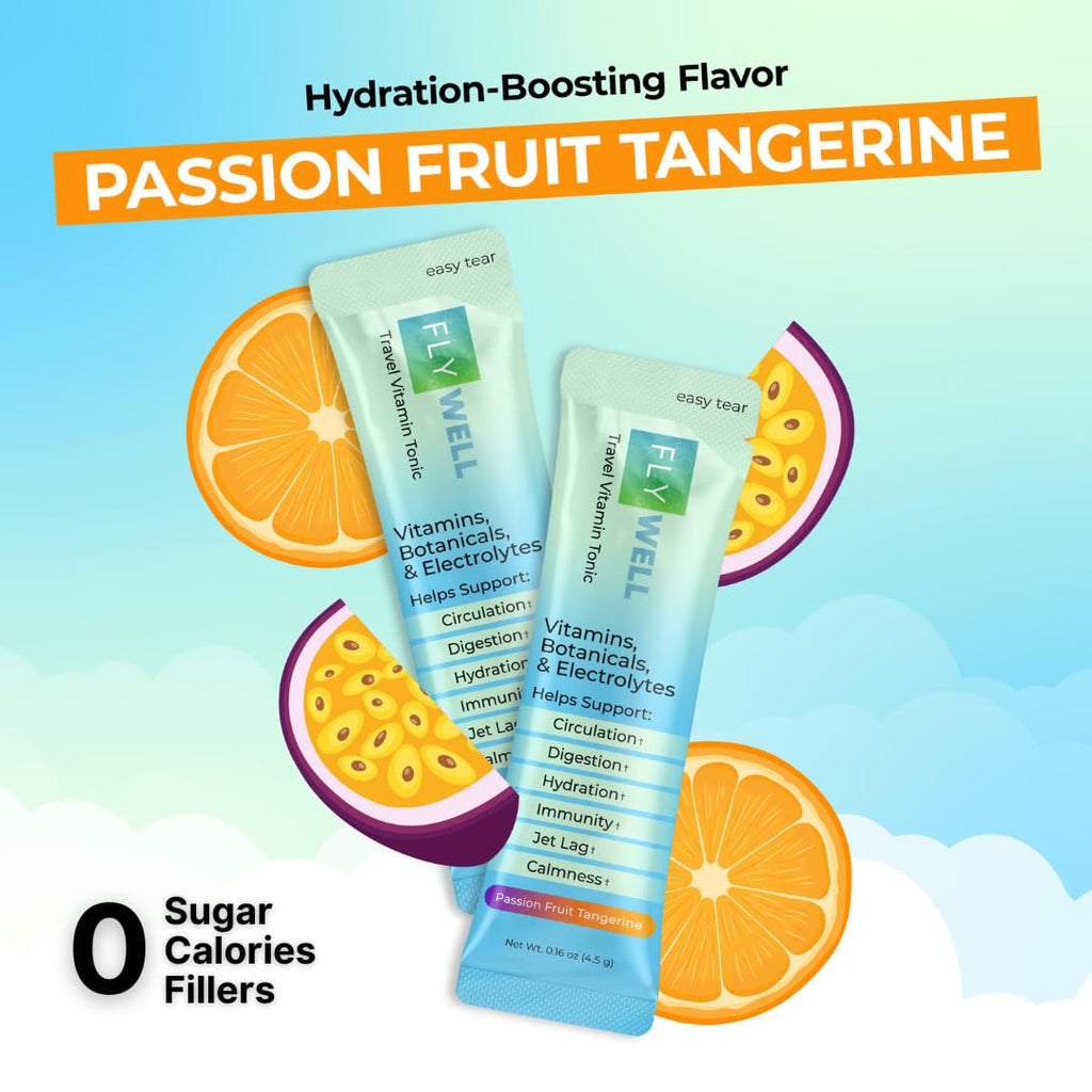 FlyWell Travel Vitamin Tonic for Flight, Jet Lag, Hydration, Circulation, Digestion & Immune Support, Promotes Calmness, Electrolyte Powder, Travel Essentials,