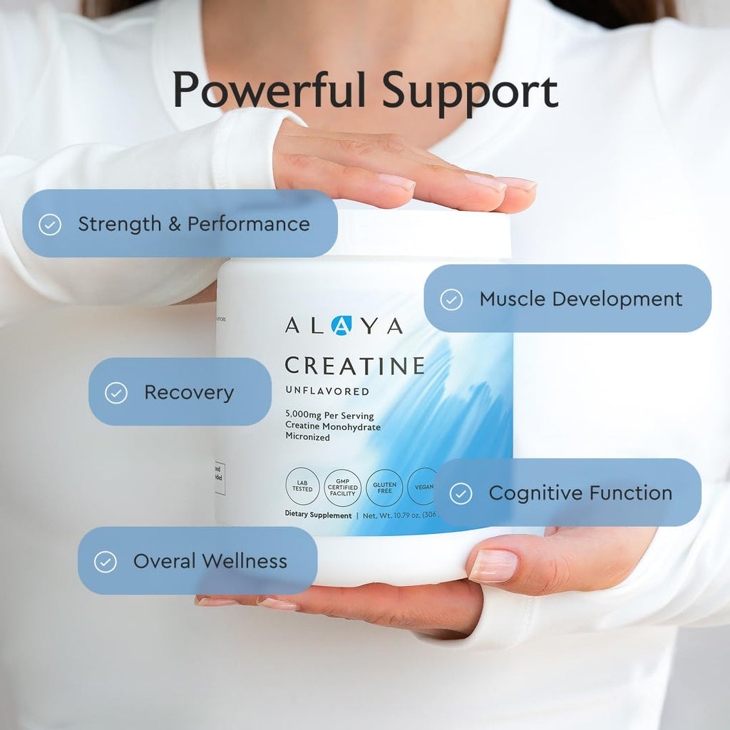Alaya Naturals Micronized Creatine Monohydrate Powder – Pure Performance Fuel for Strength, Mental Focus, Vegan, Non-GMO, Easily Mixable & Flavorless - 5 g