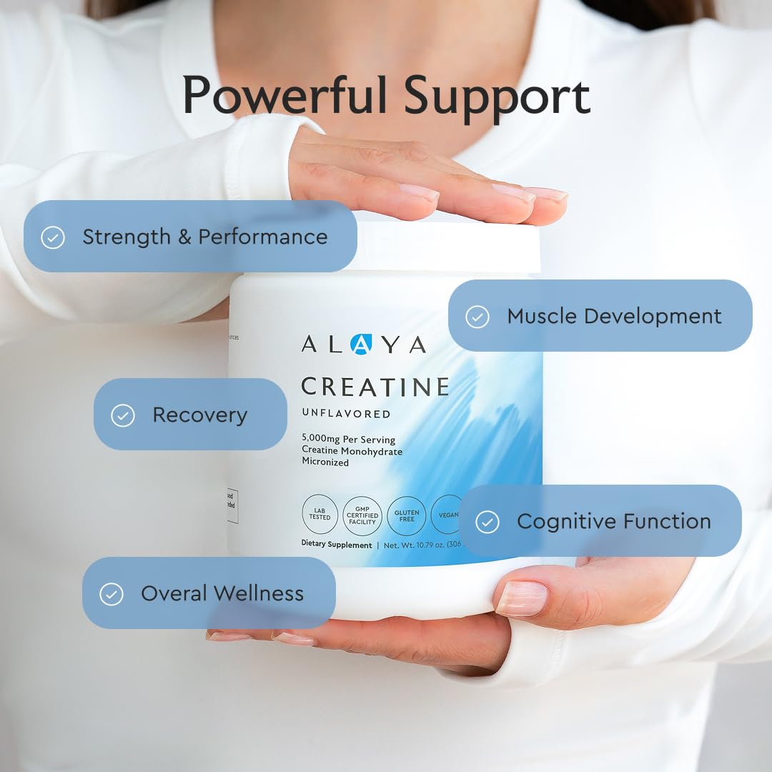 Alaya Naturals Micronized Creatine Monohydrate Powder – Pure Performance Fuel for Strength, Mental Focus, Vegan, Non-GMO, Easily Mixable & Flavorless - 5 g