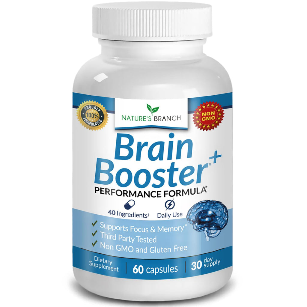 40-in-1 Brain Booster Supplement for Focus, Memory, Clarity, Energy | Advanced Vitamins Plus eBook | for Men & Women, Cognitive Function Nootropic Support with DMAE, Mind Health Formula | 60 Capsules NATURE'S BRANCH Au supplements