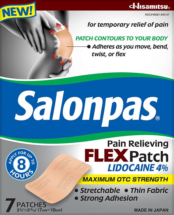 Salonpas Temporary Pain Relieving Flex Patch with Lidocaine 4%, Maximum OTC Strength, Stretchable Thin Fabric, Strong Adhesion, Contours to Body, Apply for Up to 8 Hours 7 ct (Pack of 2) Salonpas Au supplements