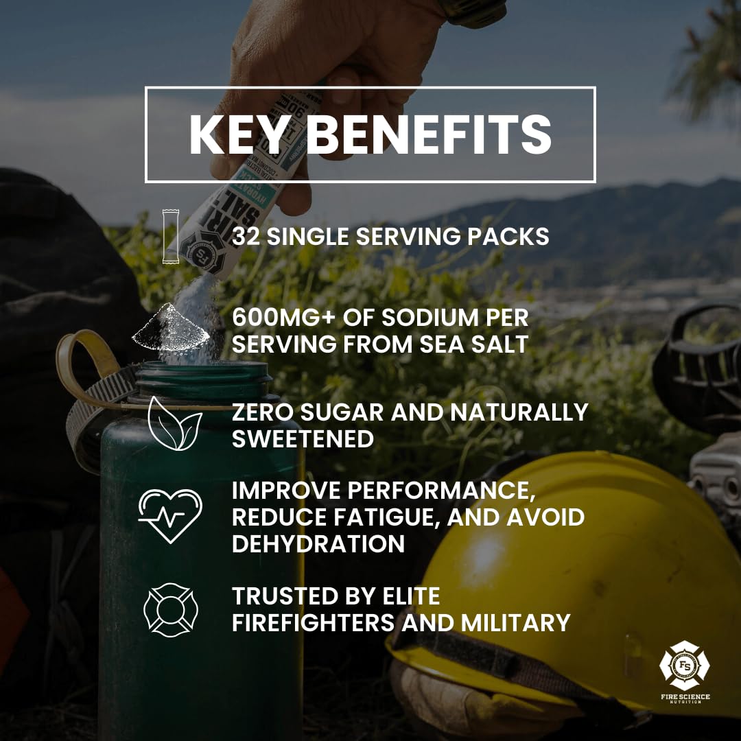 Fire Science Fire Salt Hydration Sticks, Electrolytes & Coconut Water, Hydration Drink Mix with Magnesium, Potassium & Sodium, Zero Sugar, Single Serve On the Go Packs,
