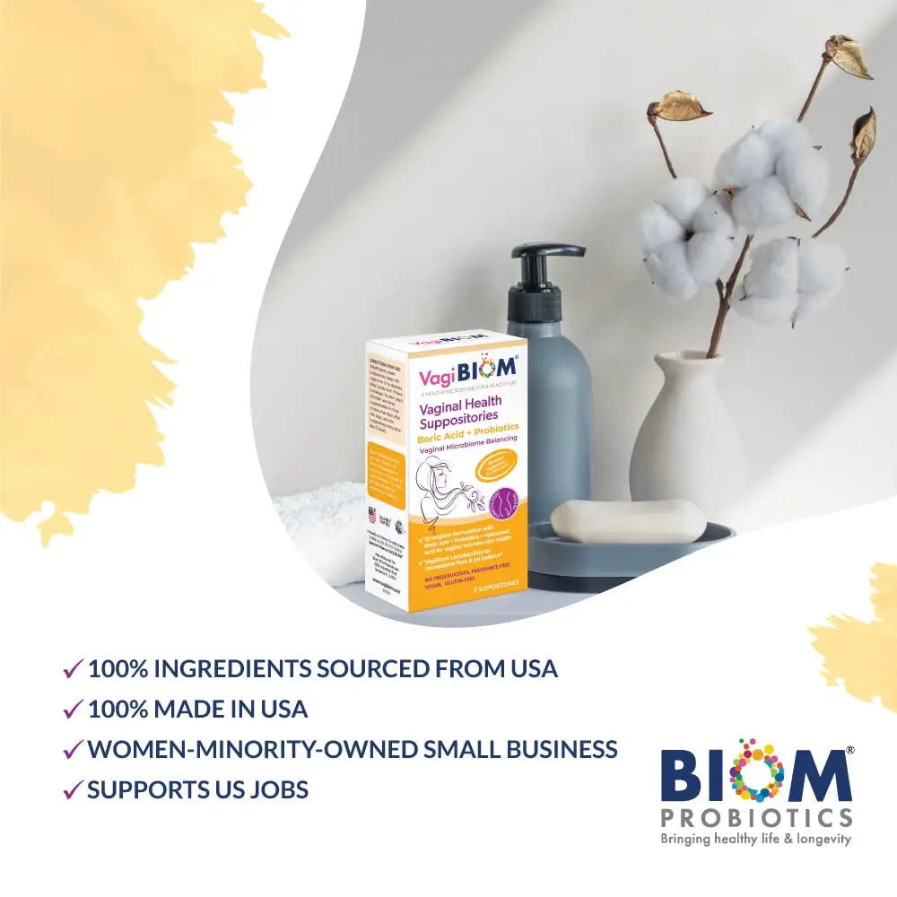 VagiBiom Boric Acid Suppositories with Lactobacillus: Microbiome Flora Balance; Balance and Nourishes VagiBiom Au supplements