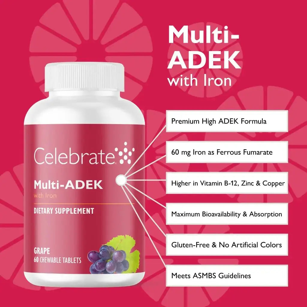 Celebrate Vitamins Multi ADEK Chewables, 60mg Iron - Daily Bariatric Multivitamin, Vitamins A, D, E, K & B12 for Duodenal Switch Surgery Patients Celebrate Bariatric Supplements Au supplements