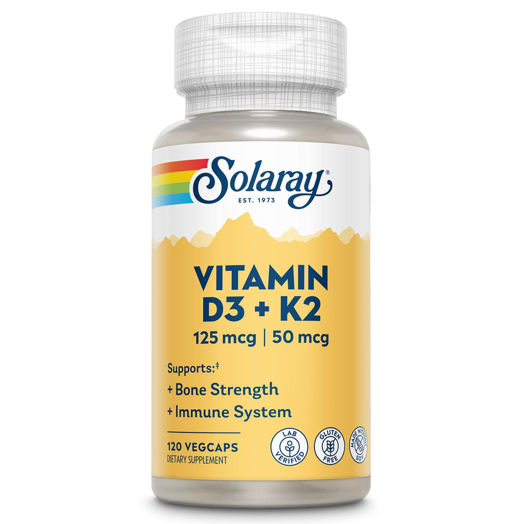 SOLARAY Vitamin D3 K2 - Bone Health and Immune Support Supplement - With 5000 IU Vitamin D as Vit D3 and 50 mcg Vitamin K2 as Menoquinone MK7, Made Without Soy