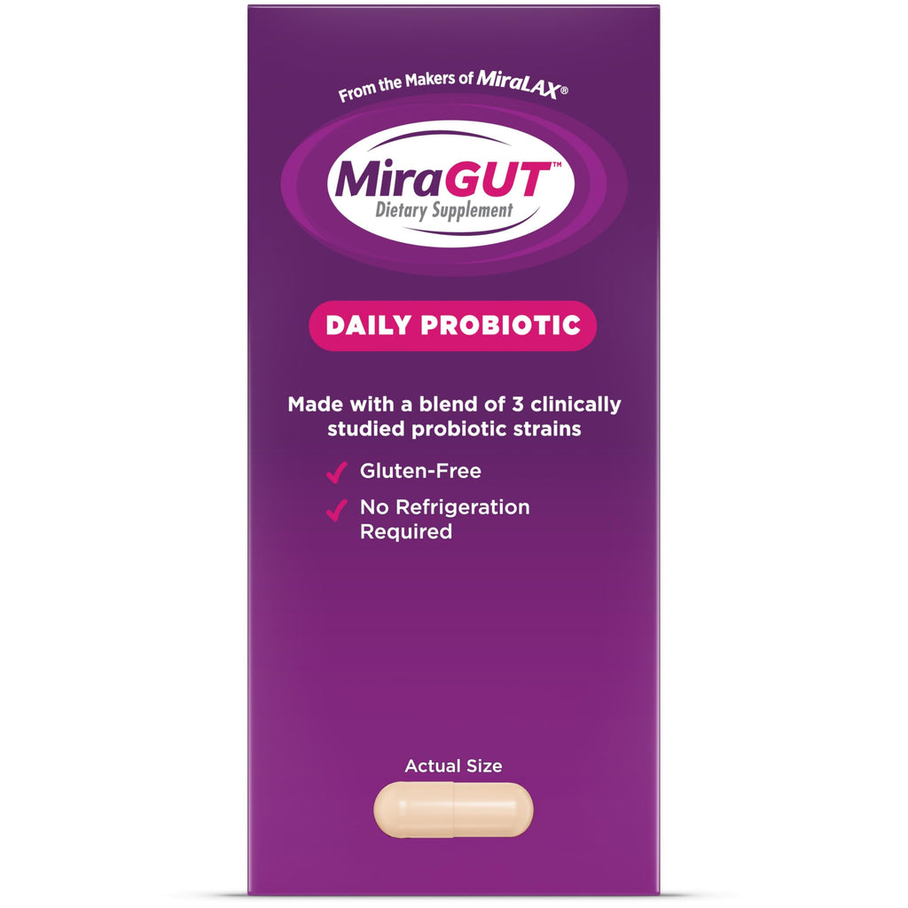 MiraGUT Daily Probiotic, from the Makers of MiraLAX, Probiotics for Digestive Health, Gluten-Free Supplement, Probiotic for Women and Men